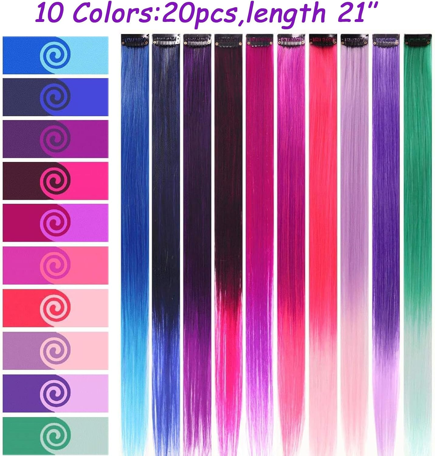 20 Color 21Inch Ombre Coloured Hair Extensions,H HOME-MART Heat-Resistant Synthetic Straight Clip in Hair Extensions for Women Girls Kids Gift Multi-Colors Party Highlights Clip in Synthetic Hairpiece image number 5