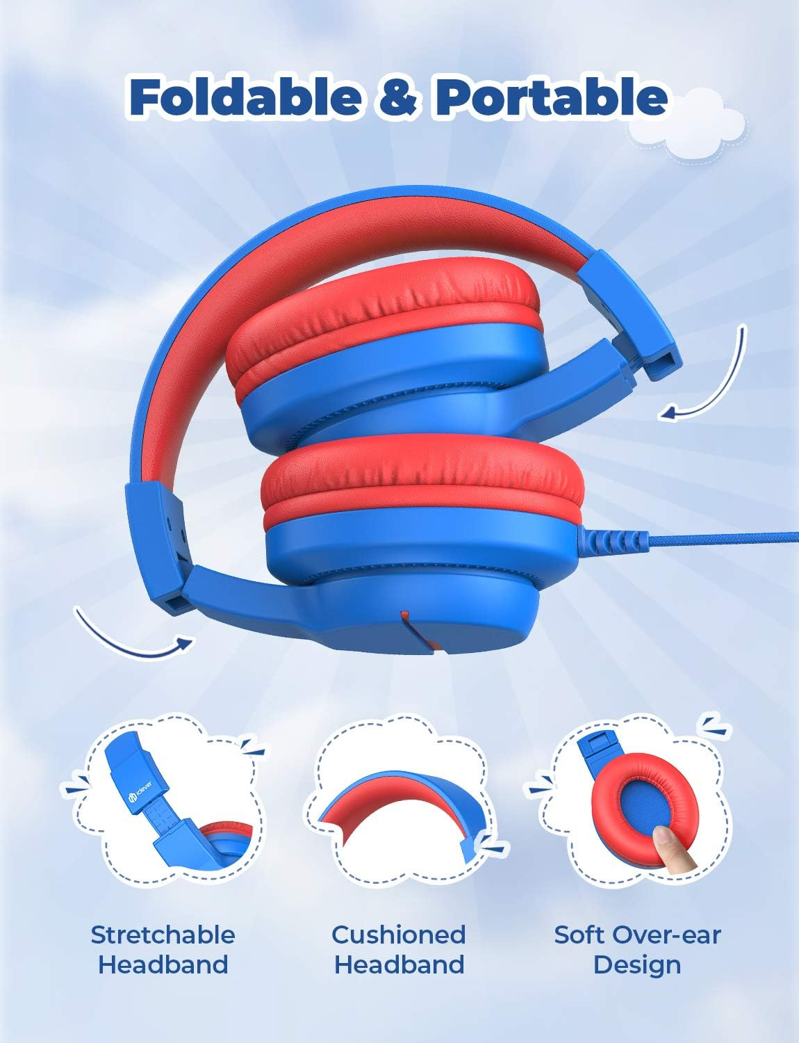 Iclever HS19 Kids Headphones with Microphone for School, Volume Limiter 85/94Db, Over-Ear Girls Boys Headphones for Kids with Shareport, Foldable Wired Headphones for Ipad/Fire Tablet/Travel, Blue image number 1