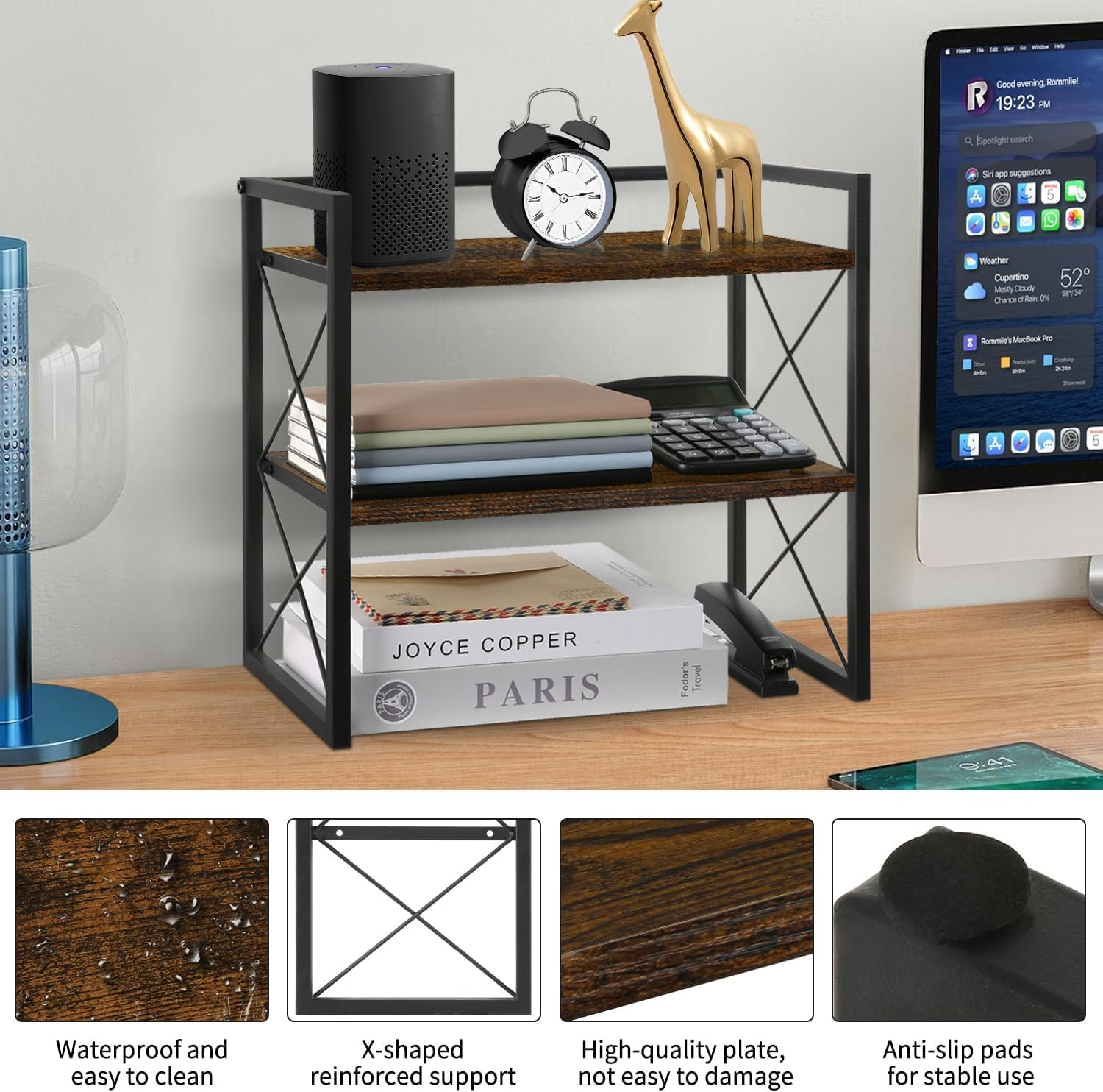 Desktop Shelf Organizer, 2 Tier Office Shelves, Wood Desk Organizer Storage Rack and Freestanding Display Shelf for Office, Dormitory, Home (Retro) image number 4