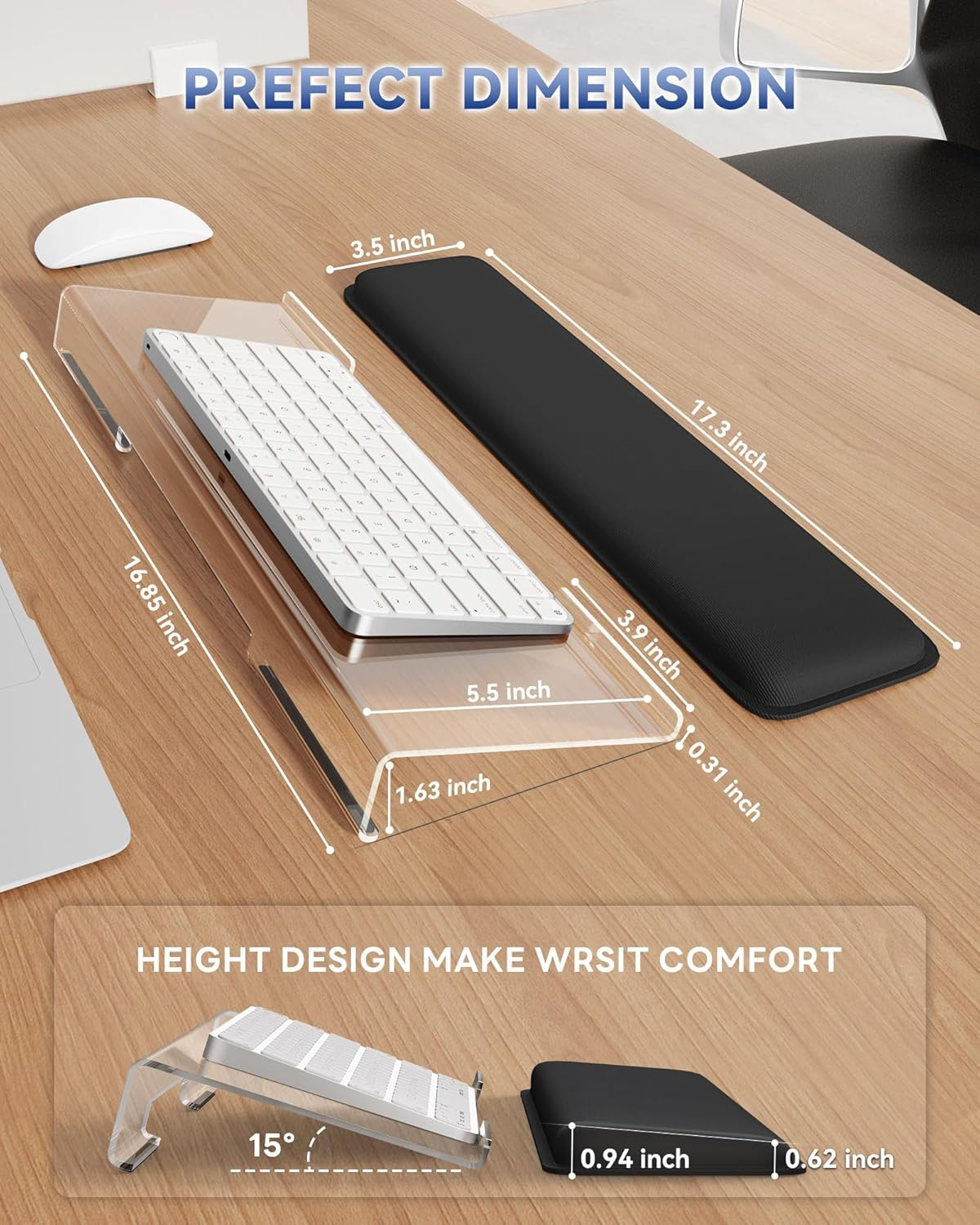 Computer Keyboard Stand & Wrist Rest Acrylic Tilted Keyboard Holder, Ergonomic Keyboard Wrist Rest with Anti-Slip Base for Office Desk, Home, School (Clear) image number 1