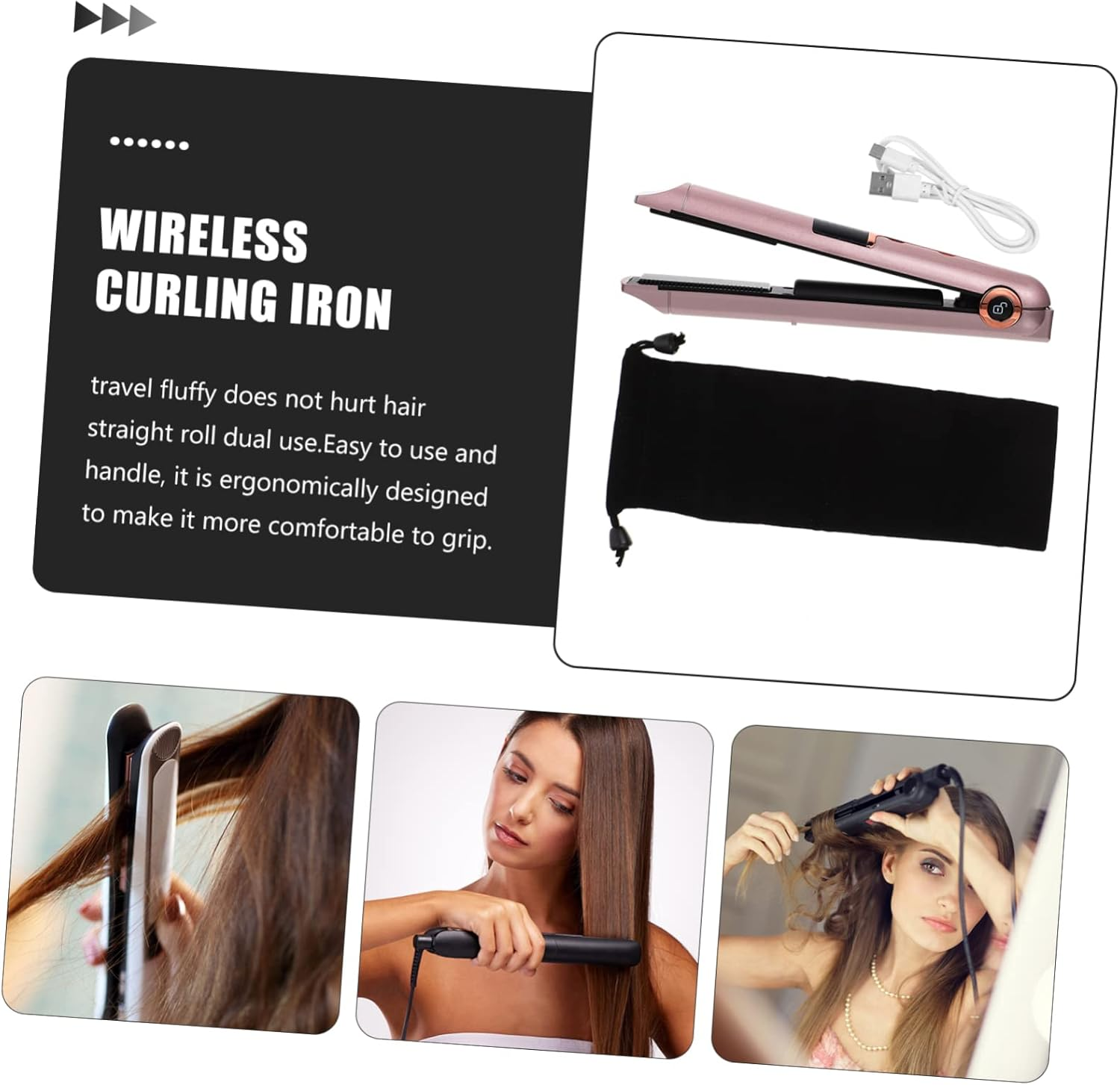 Hair Straightener Curler Portable Curling Wand Cordless Rechargeable Hair Styling Tool with Adjustable Temperature for Home and Travel Use for Women and Men image number 2