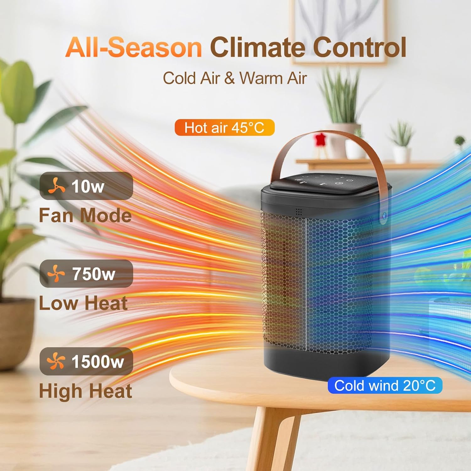 Oolong 1500W Portable Ceramic Heater with Thermostat & Remote, Energy Efficient Electric Heater Fan, 70&deg; Oscillation, 12H Timer Tip-Over & Overheat Protection for Bedroom, Living Room, Home Office image number 3