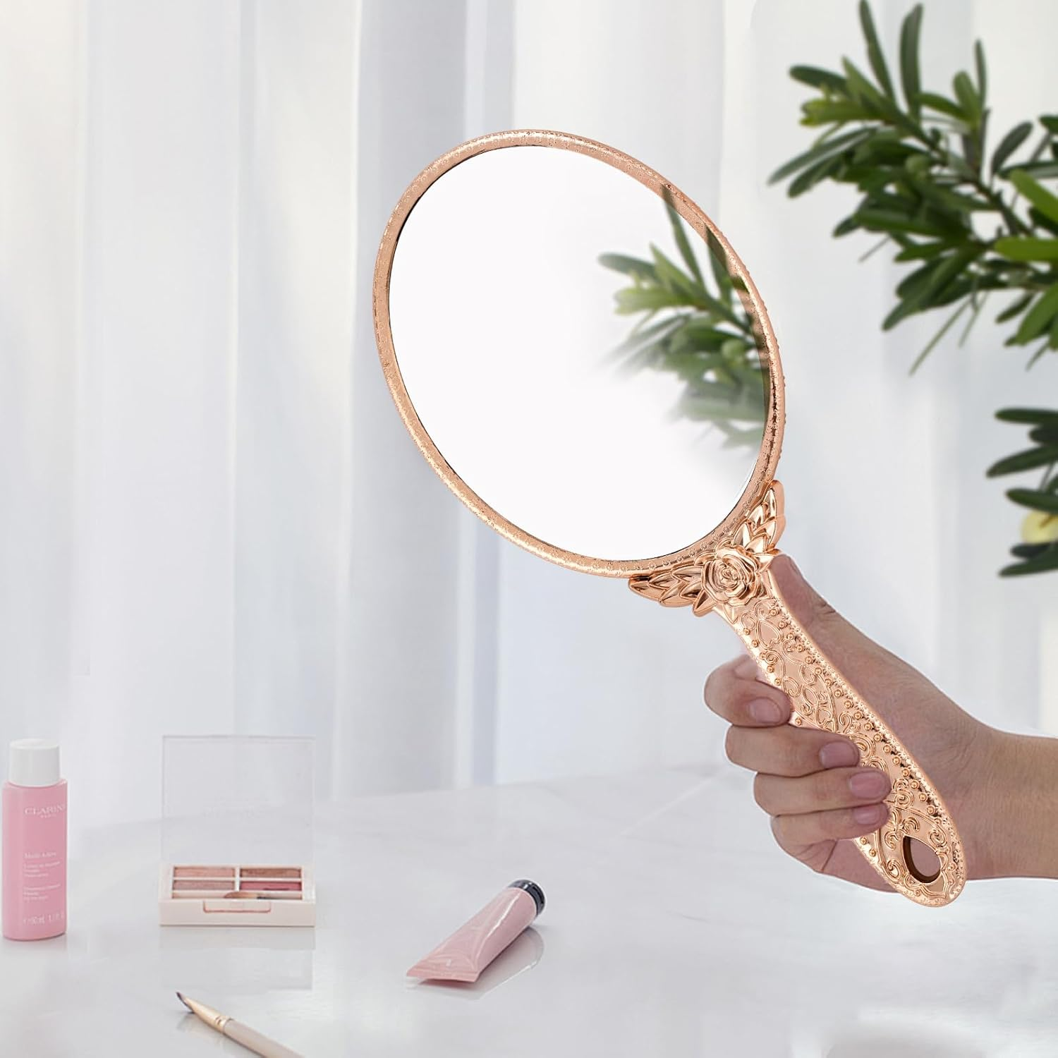 XPXKJ Handheld Mirror Handle Vanity Makeup Home Salon Travel Use (Carved Oval, Rose Gold) image number 4