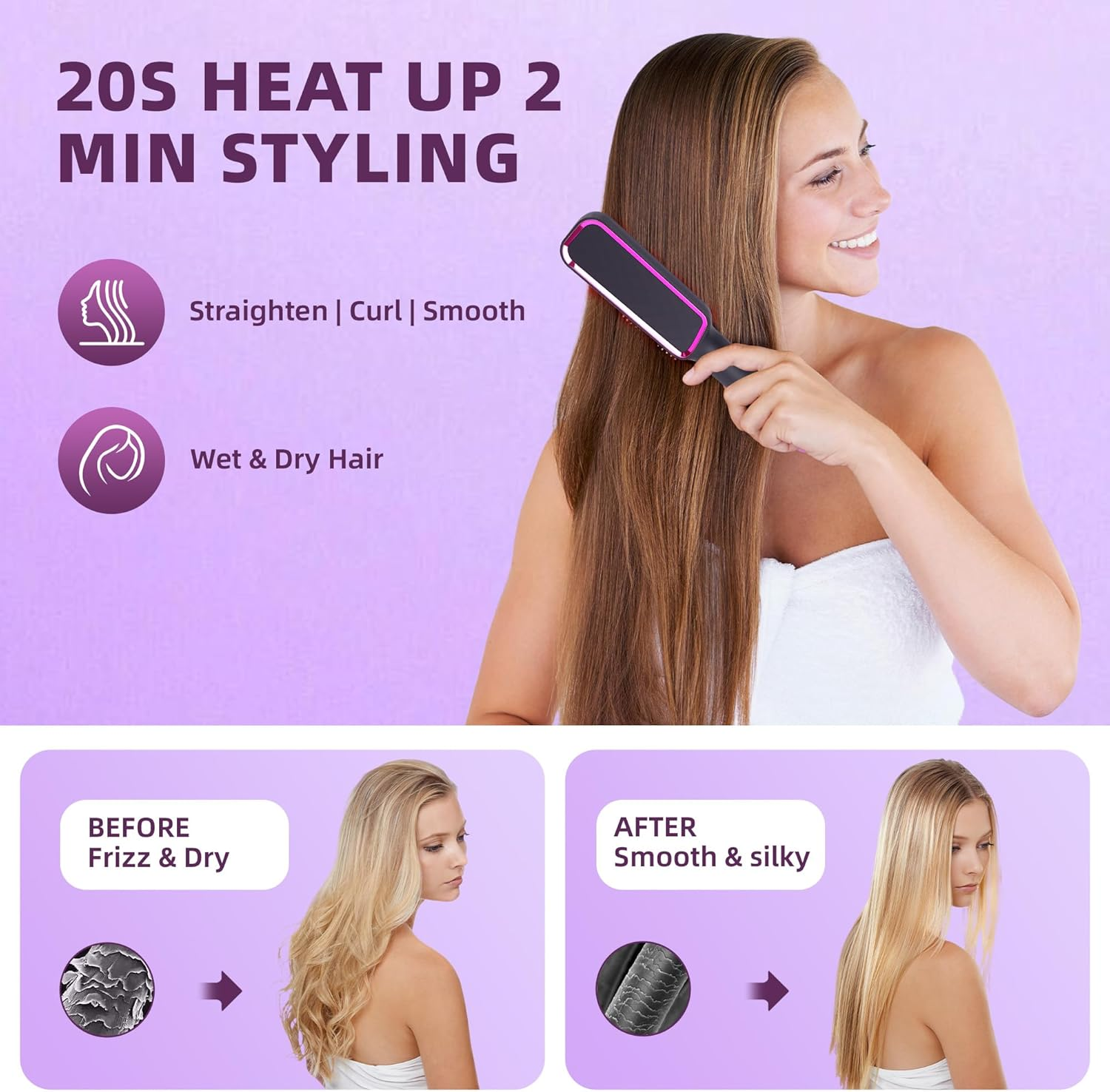 AU Plug Hair Straightener Brush 2-In-1 Straightener & Curler, 80-230&deg;C Adjustable Temp, Fast Heat up in 10S, Anti-Scald Auto Shut-Off, Dry & Wet Use, Lightweight & Portable Styling Tool image number 3