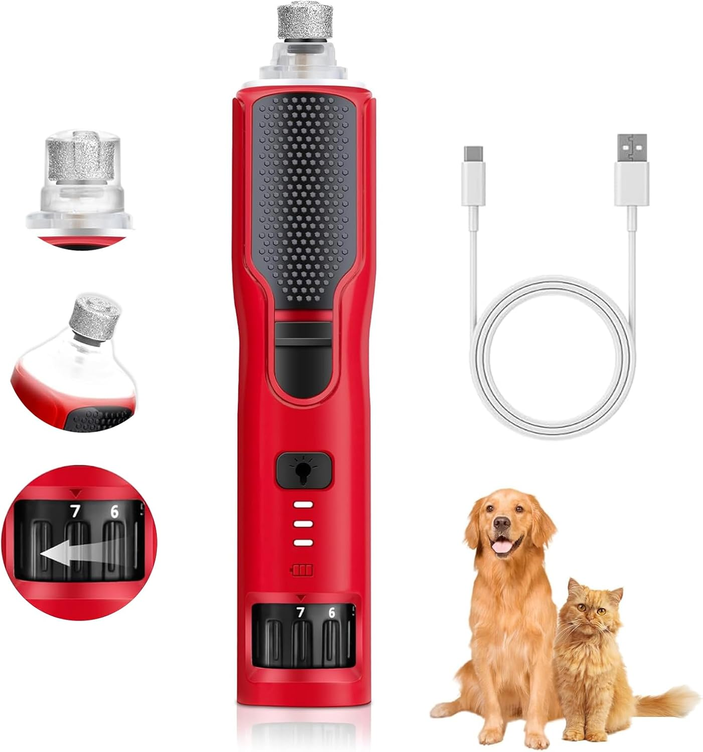 Dog Nail Grinder, 7-Speed Dog Nail Trimmers for Large Medium Small Dogs Cats Pets Claw Trimmer Super Quiet and Low Vibration Type-C Rechargeable with Enhanced 360&deg; LED Lights Pet Nail Grinder image number 1