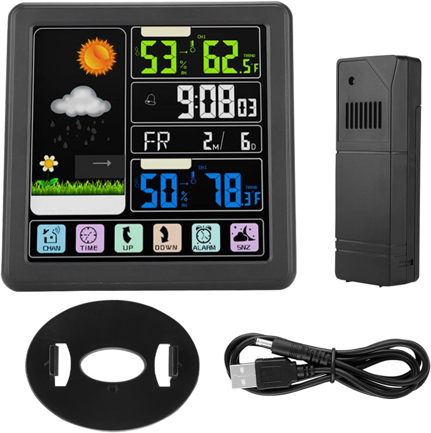 Wireless Weather Station with Alarm Clock, Digital Indoor Outdoor Thermometer Hygrometer Humidity Gauge with Weather Icons, Weather Forecast, Time Display (Black) image number 5