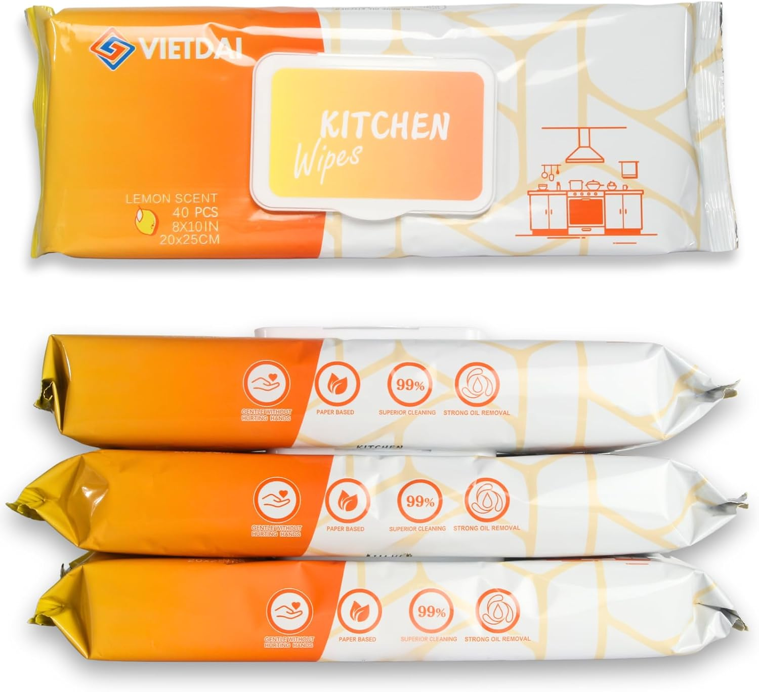 VIETDAI Kitchen Cleaning Wipes for Microwaves and Cooktops XL Multi-Surface Cleaning Wipe with Lemon Scent Stove Top Cleaner, Easily Removal Grease and Grime - 160 Count