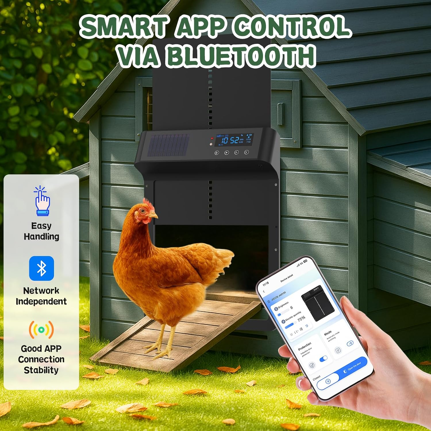Advwin Automatic Chicken Coop Door Programmable with App Control - Solar Powered Rechargeable Battery | Light Sensor & Timer | Anti-Pinch | Aluminum Alloy image number 3