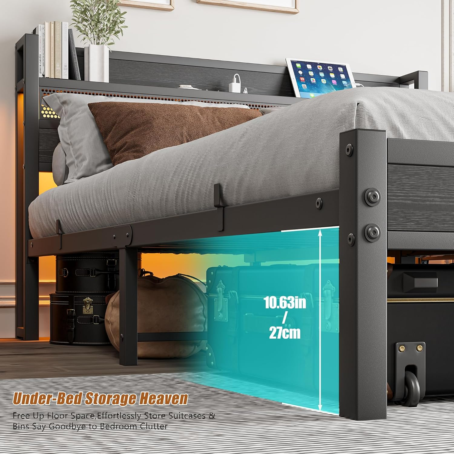 Queen Size Bed Frame with Charging Station, Metal Platform Bed with Storage Headboard Heavy Duty,Noise-Free Mattress Foundation, No Box Spring Needed