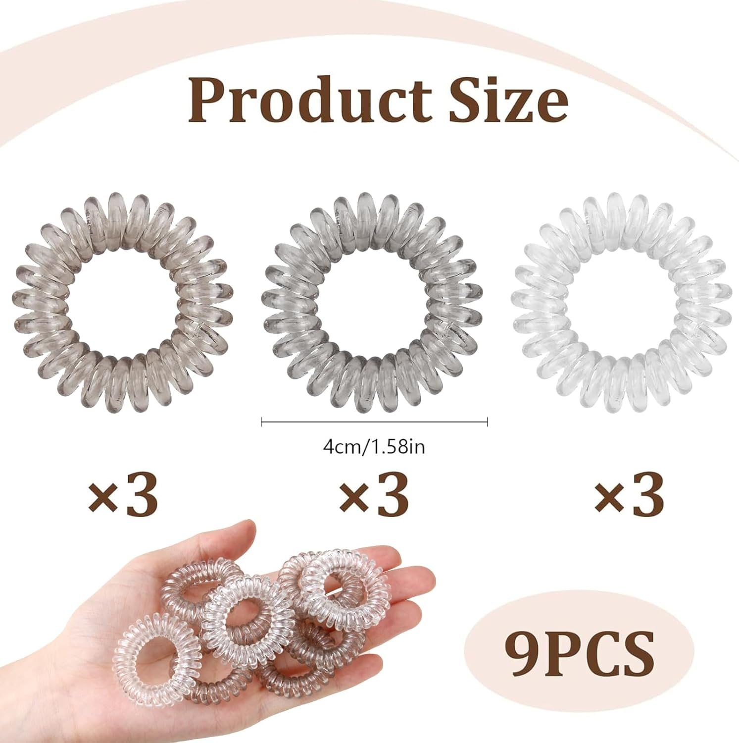 9 Pcs Spiral Hair Ties for Women, Gradient Colors Waterproof Plastic Hair Bands No Damage, Invisible Bobble Suitable for Home Travel Work Swimming Thick Hair Students Working Women & Housewives (Gray) image number 2