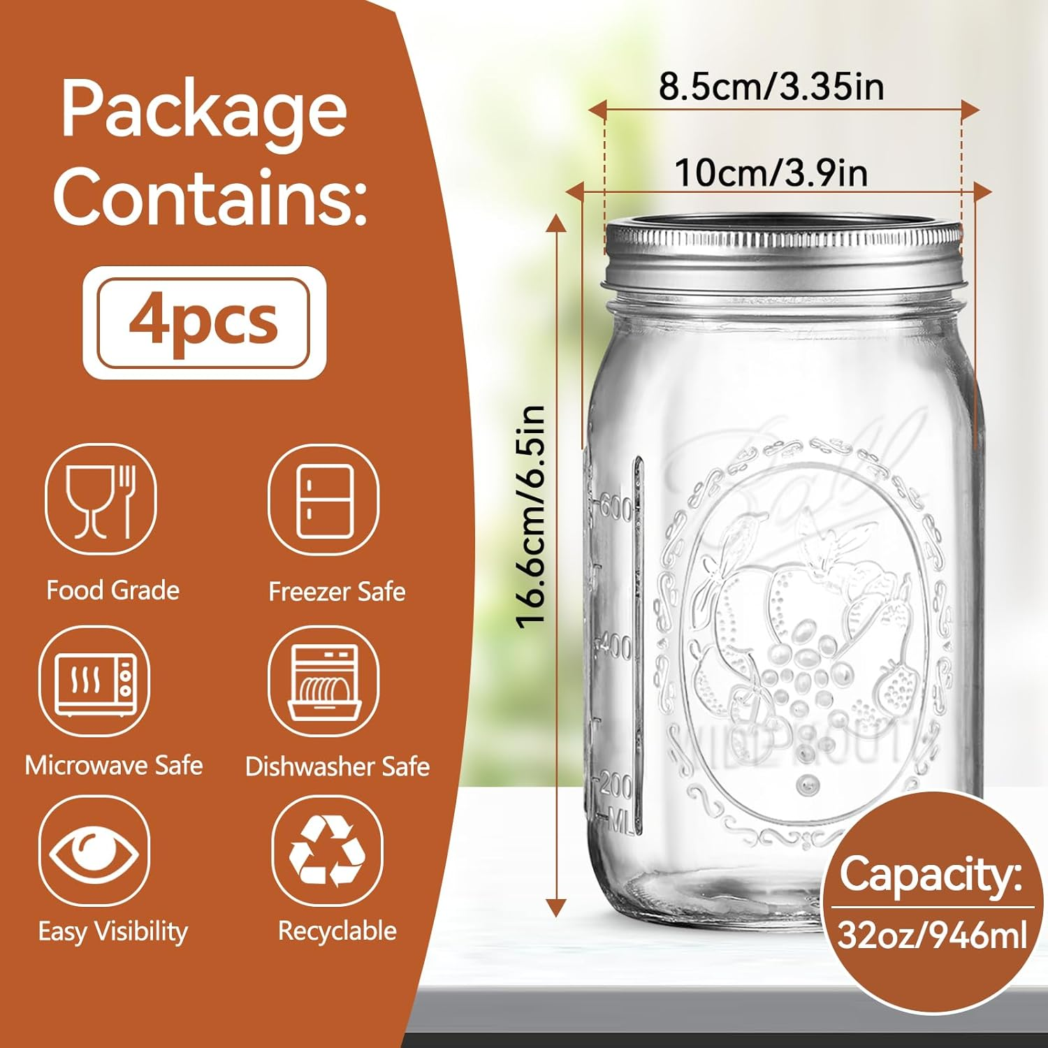 Mason Jars Set,Regular Mouth Spice Jar with Airtight Lids - Thicken Seasoning Spice Containers for Kitchen Organization and Storage (4 * 32Oz) image number 4