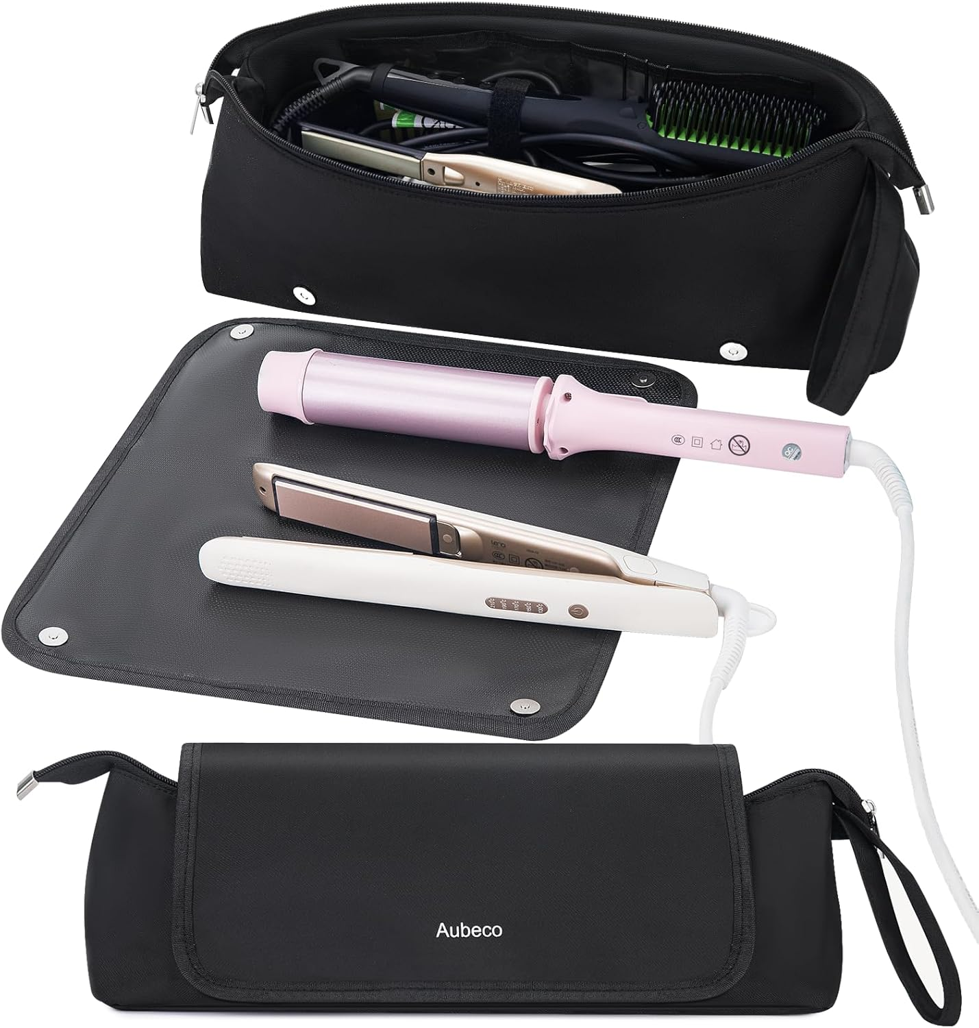 Aubeco Hair Tools Travel Bag, Removable Fireproof Mat, 2-In-1 Portable Organizer, Large Capacity Hot Tools Travel Bag for Flat Irons, Curling Irons, Hair Dryers, Black