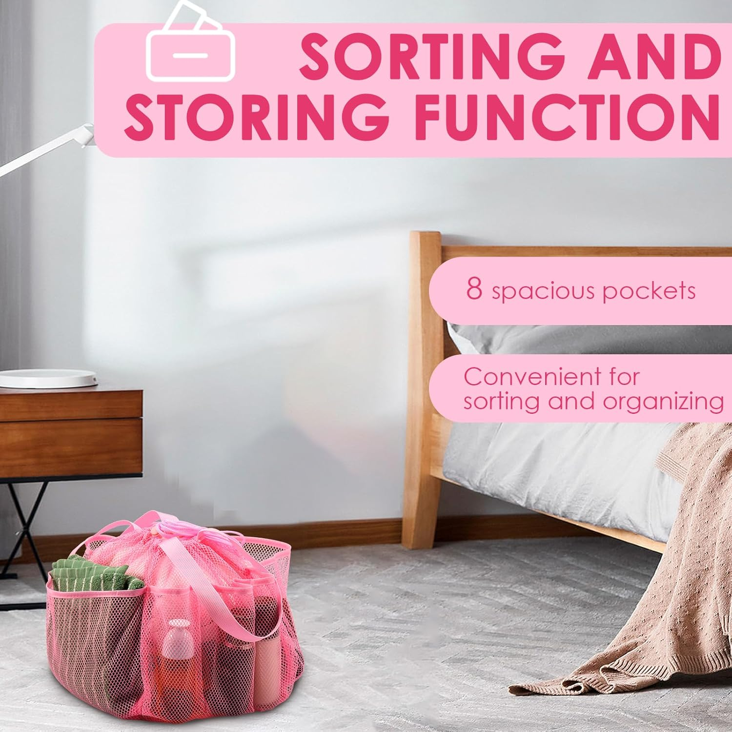 DJAPWPX Mesh Shower Caddy Double Handle Beach Toiletry Bag Drawstring Design Large Capacity for Travel Camping for People (Pink) - Pink image number 3