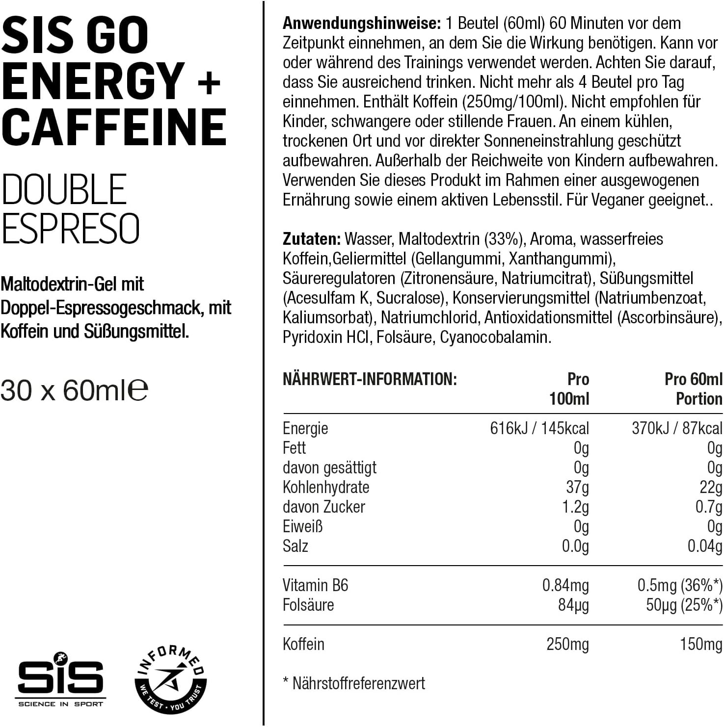 Science in Sport GO Isotonic Energy Gels, 150Mg of Caffeine, Running Gels with 22G Carbohydrates, Low Sugar, Double Espresso Flavour, 60Ml per Serving (6 Pack) image number 3