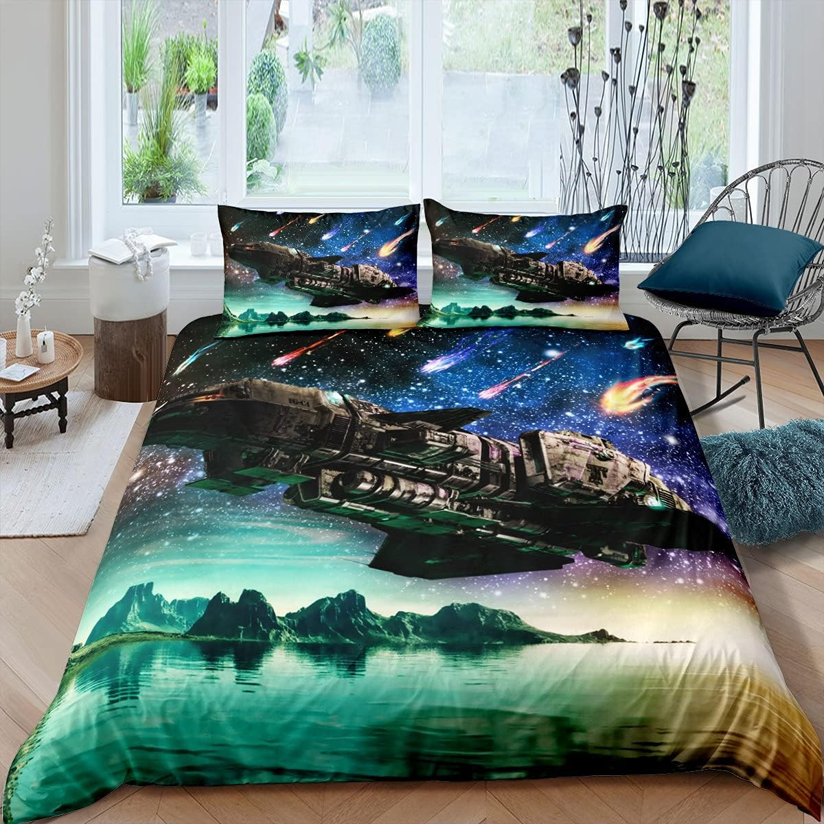 Homewish Spaceship Bedding Sets Falling Stars Duvet Cover Set Colourful Starry Sky Comforter Cover for Children Boys Girls Galaxy Science Fiction Theme Bettpreads Cover with 1 Pillowcase 135 X 200 Cm