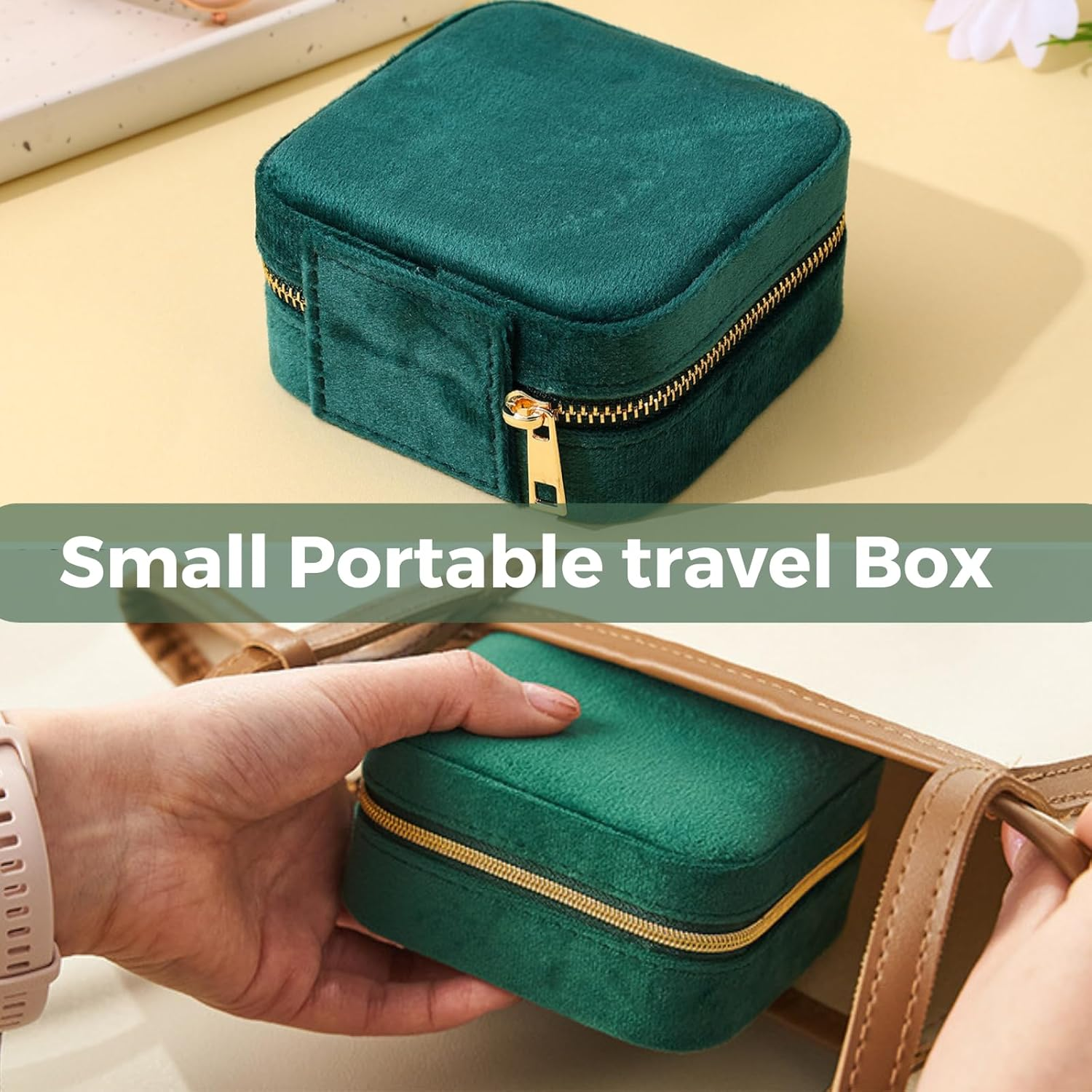 Velvet Travel Jewelry Box, Mini Travel Jewelry Case Organizer with Built in Mirror for Women Girls, JOMWEN Portable Display Storage Box for Rings Earrings Necklaces Bracelets (Emerald Green) - Emerald Pink image number 6