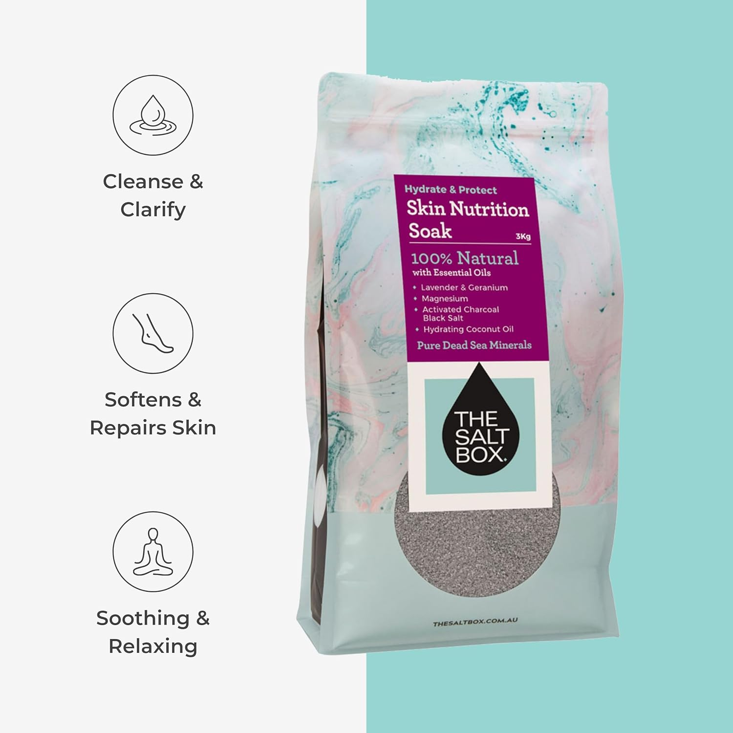 The Salt Box - Skin Nutrition Soak - Magnesium Epsom & Dead Sea Salts for Skin Repair & Calming Effects on Mind and Body- 3Kg Single Bag - White Crystals - Lavender & Geranium Scent image number 5