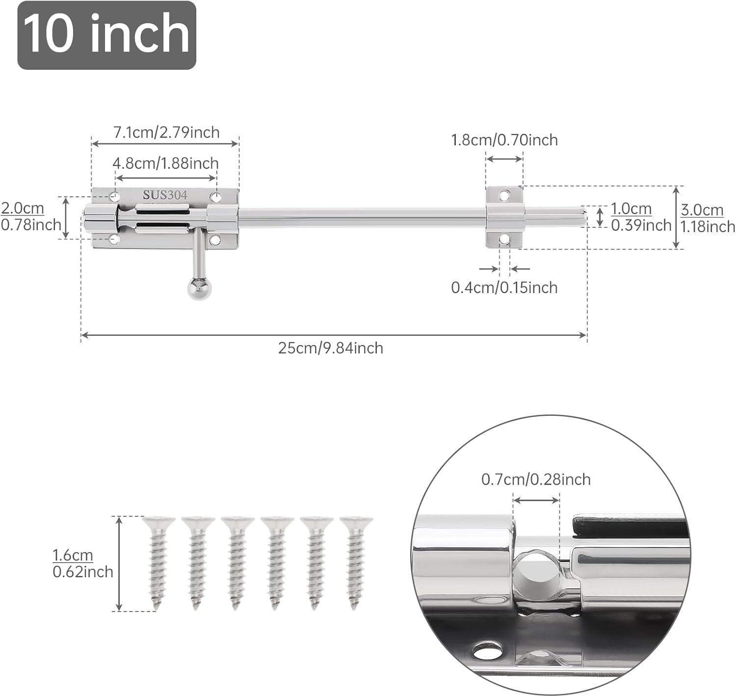 Slide Bolt Gate Latch, 2 Pack 10 Inch 304 Stainless Steel Barrel Bolt Latch with 8 Mm Padlock Hole, 10 Mm Bolt Heavy Duty Silver Sliding Latch Lock