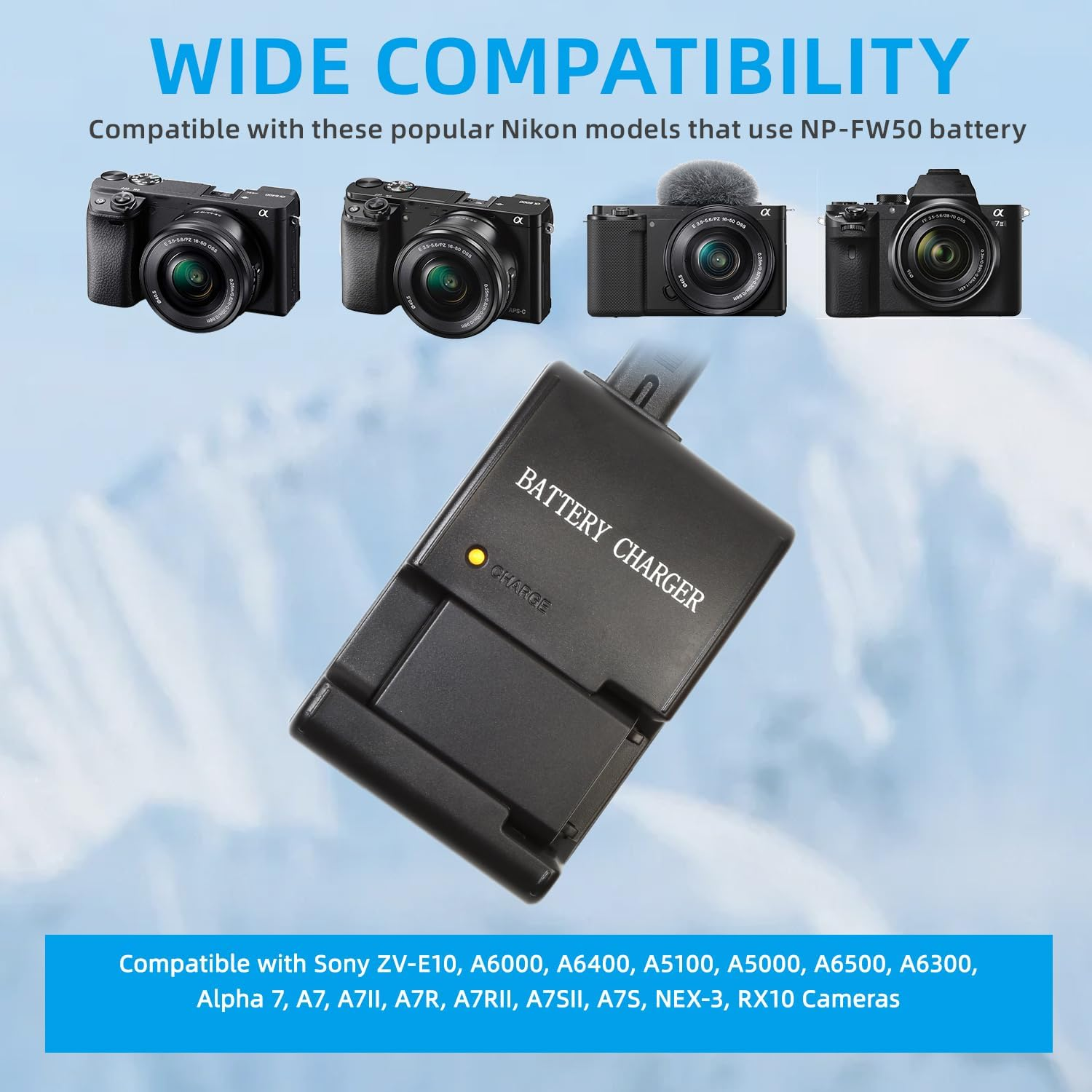 OCOIXINH NP-FW50 Battery Charger Compatible with Sony ZV-E10, A6000, A6400, A5100, A5000, A6500, A6300, Alpha 7, A7, A7II, A7R, A7RII, A7SII, A7S, NEX-3, RX10 Cameras image number 3