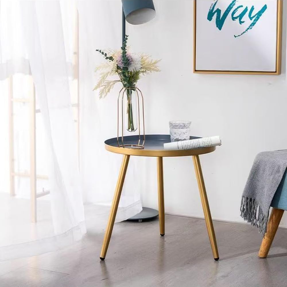 Hbluefat round Side Table, Metal Tray Nightstand Coffee End Table for Home Office, Living Room, Bedroom, Small Spaces, Easy Assembly Modern Bedside Table (Gold+Grey) image number 4