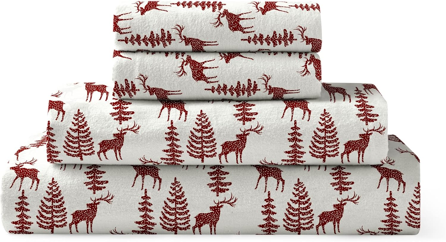 Brielle Home Flannel Sheet Set Cotton Soft Warm & Cozy Modern Chic with Elastic Deep Pockets, Queen, Deers Red