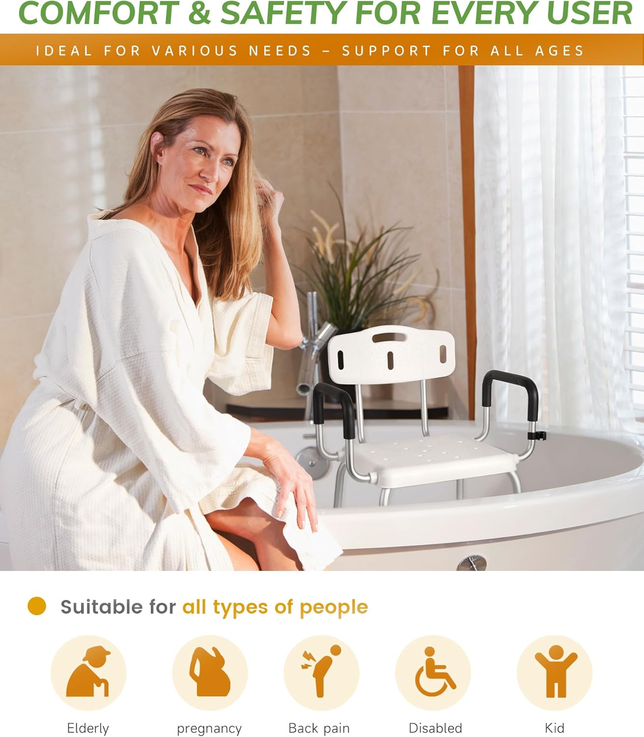 STABASE Heavy-Duty Shower Chair with Arms and Backrest &ndash; 180Kg Capacity, Adjustable Height Bath Seat for Elderly, Seniors, Disabled & Injured Adults image number 5