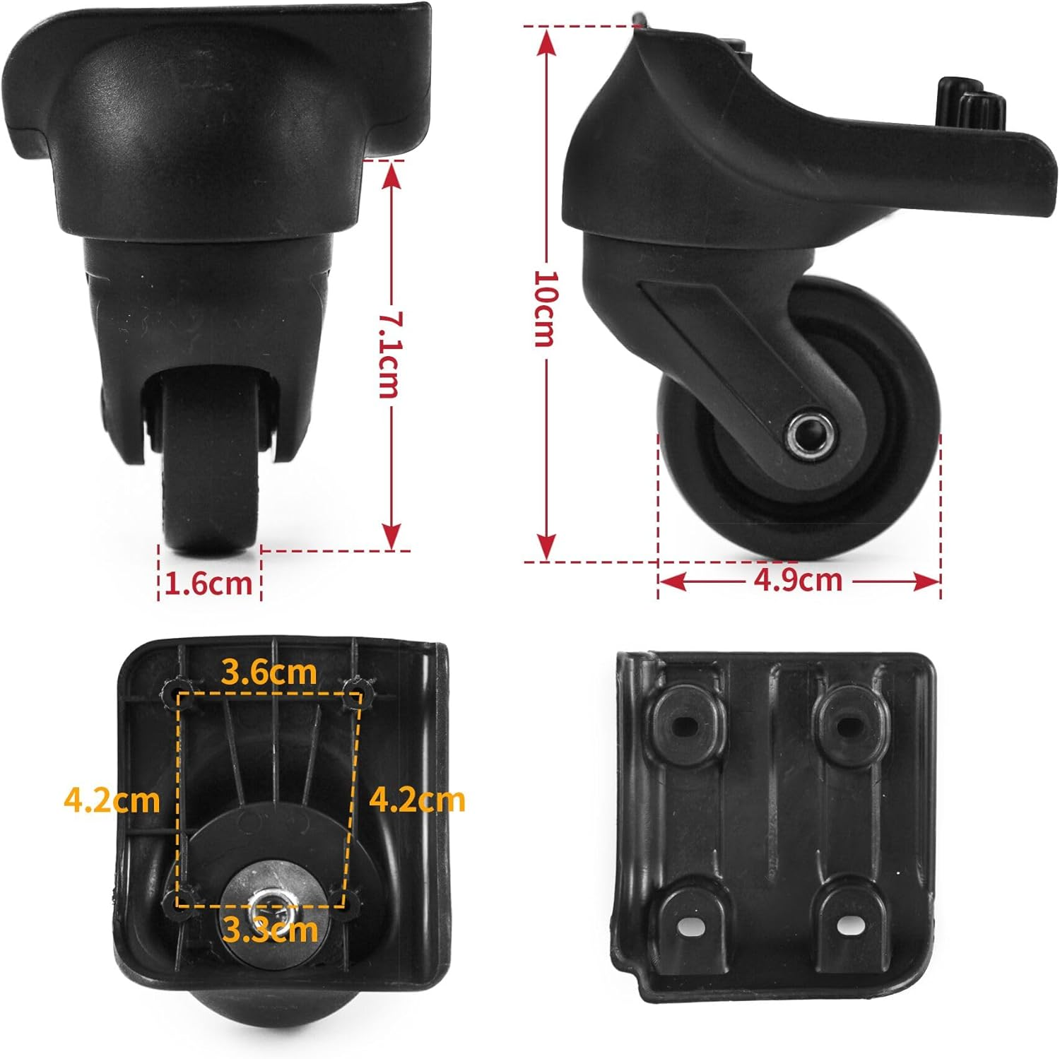 Volein 2 Pieces Luggage Wheel Replacement, Luggage Black Travel Wheels Kit DIY Repair, Spinning Wheels Sturdy Plastic 360 Degree Rotation, Black, 3.7 X 1.93 X 0.63 Inches, Vo044