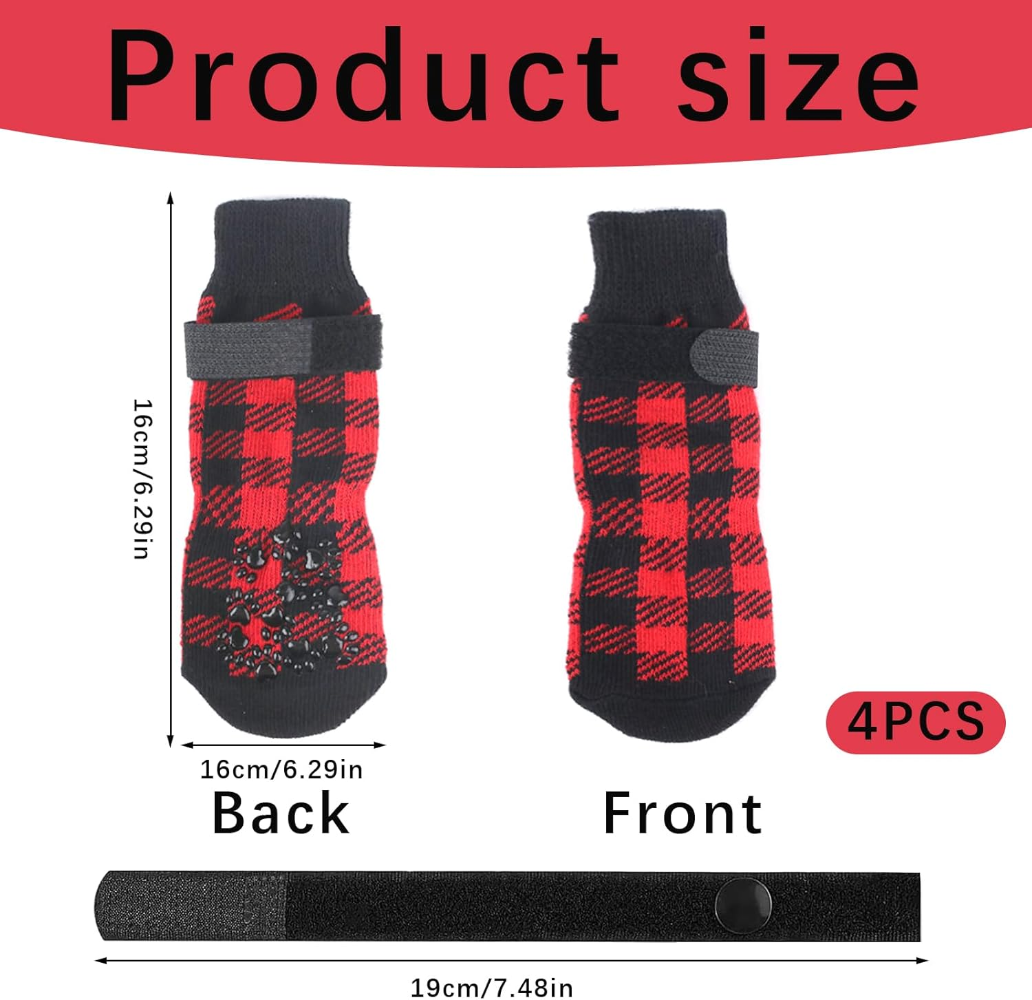 2 Pairs Red Anti-Slip Dog Socks with Adjustable Straps, Paw Protectors to Stop Licking for Injured Paws, Indoor Outdoor Boots for Hardwood Floors (M) image number 3