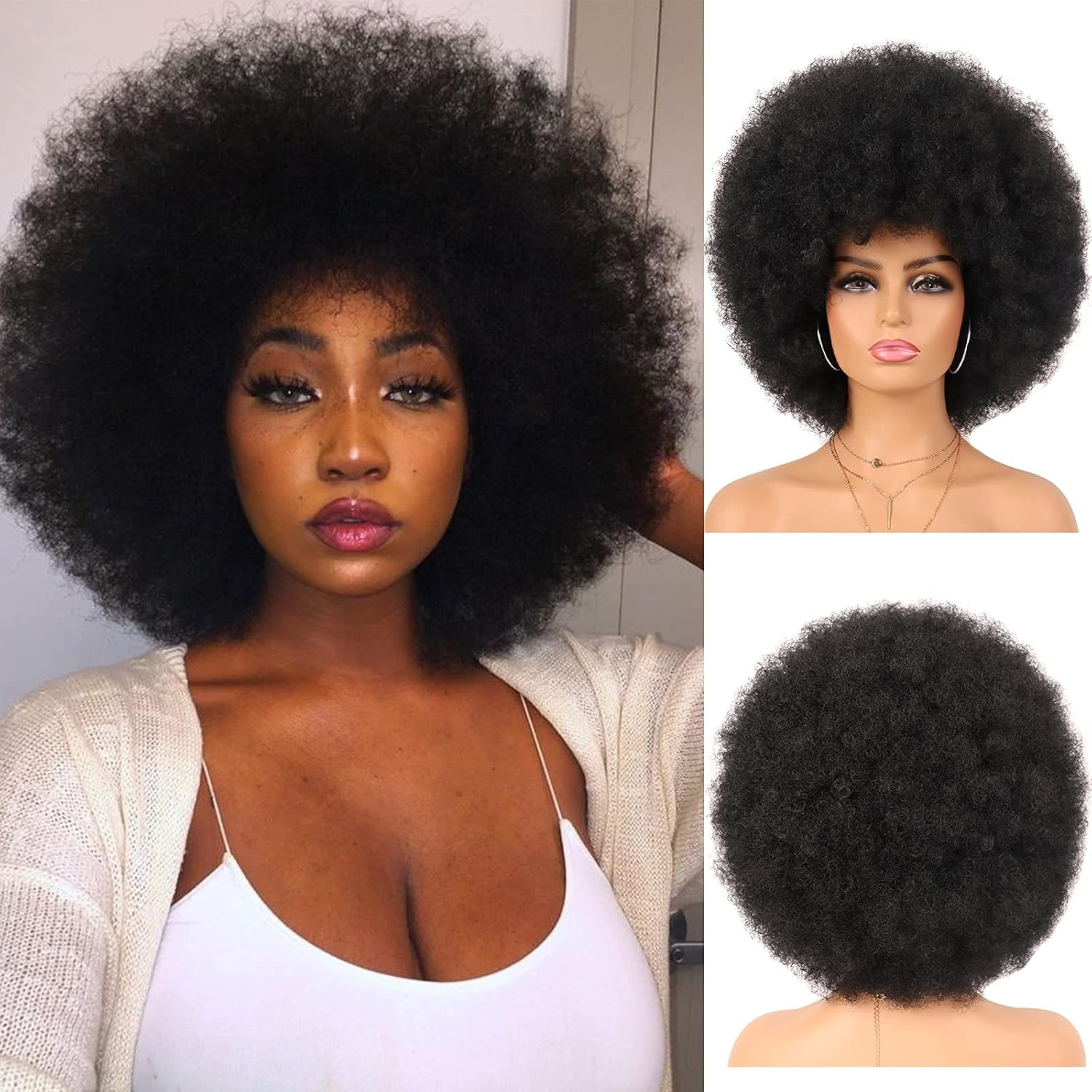 G&T Wig 70S Afro Puff Mixed Brown Wigs for Black Women Glueless Wear and Go Wig Natural Looking Fluffy and Large Bouncy Afro Wigs for Daily Party Use