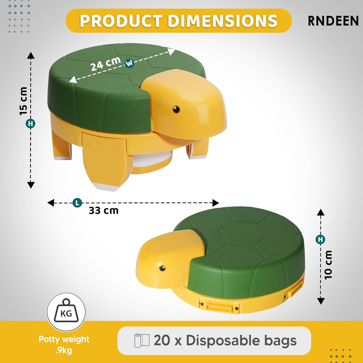 Rndeen 4-In-1 Training Toilet for Baby & Toddlers 0-48 Months Foldable Portable Travel Potty Seat Disposable Bags Cute Turtle Potty Easy Clean Easy Carry Perfect for Home Car On-The-Go Use (Yellow) - Green image number 3