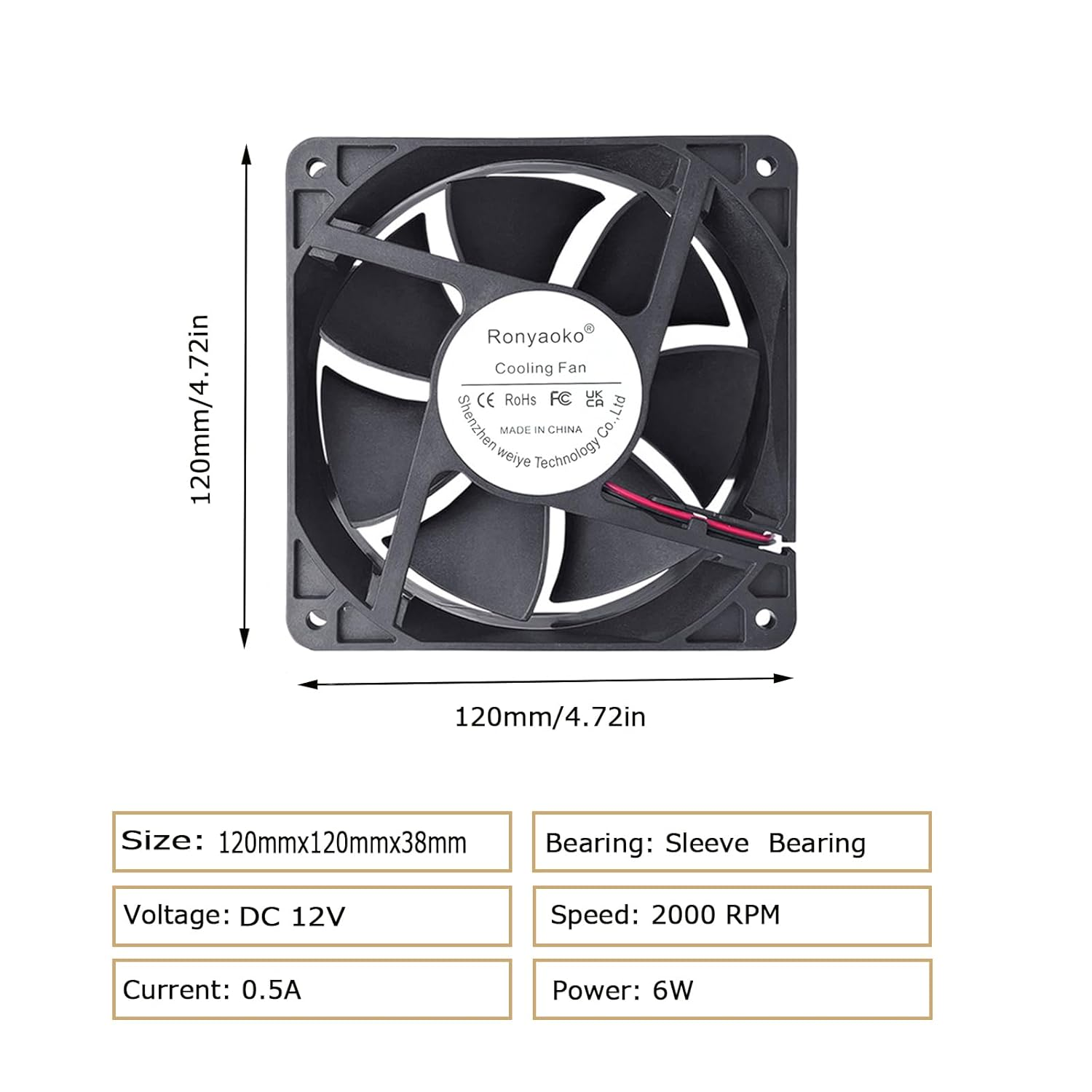 Ronyaoko 12Cm Fan, 120Mm X 38Mm DC 12Volt Axial Small Cooling Fan, for Computer PC Case Server Industrial Greenhouse RV Ventilation,120Mm Cooler, with Protective Grille, 2-Pin image number 4