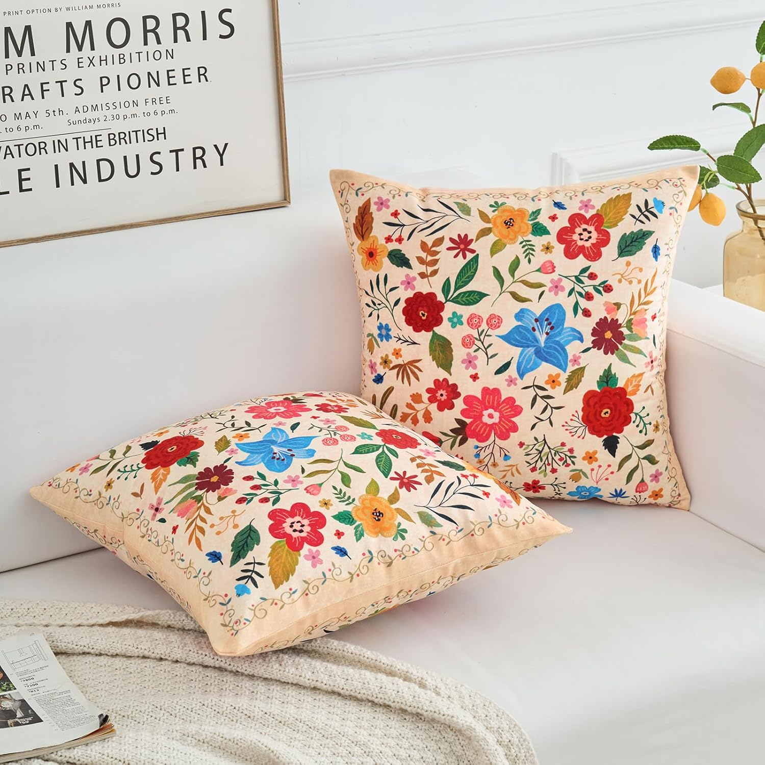 EDTOY Floral Pillow Covers 16X16 Set of 2,Beige Farmhouse Floral Pillow Covers Decorative Double Sided Pattern Cushion Cover Soft Pillow Case for Living Sofa Room Bed Porch Patio Square Pillow Cover image number 3