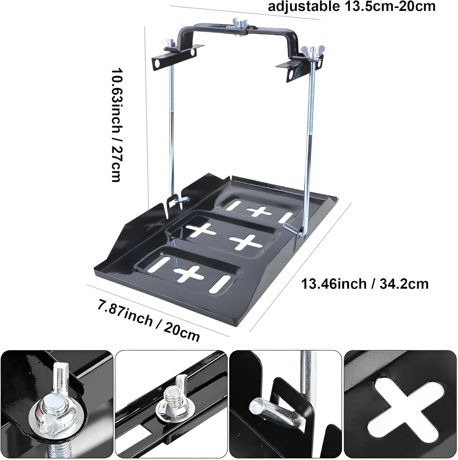 Car Battery Tray, Universal 34.2 X 20Cm/13.5 X 7.9In Battery Hold down Bracket Holder, Heavy Duty Adjustable Battery Crossbar with J Bolt