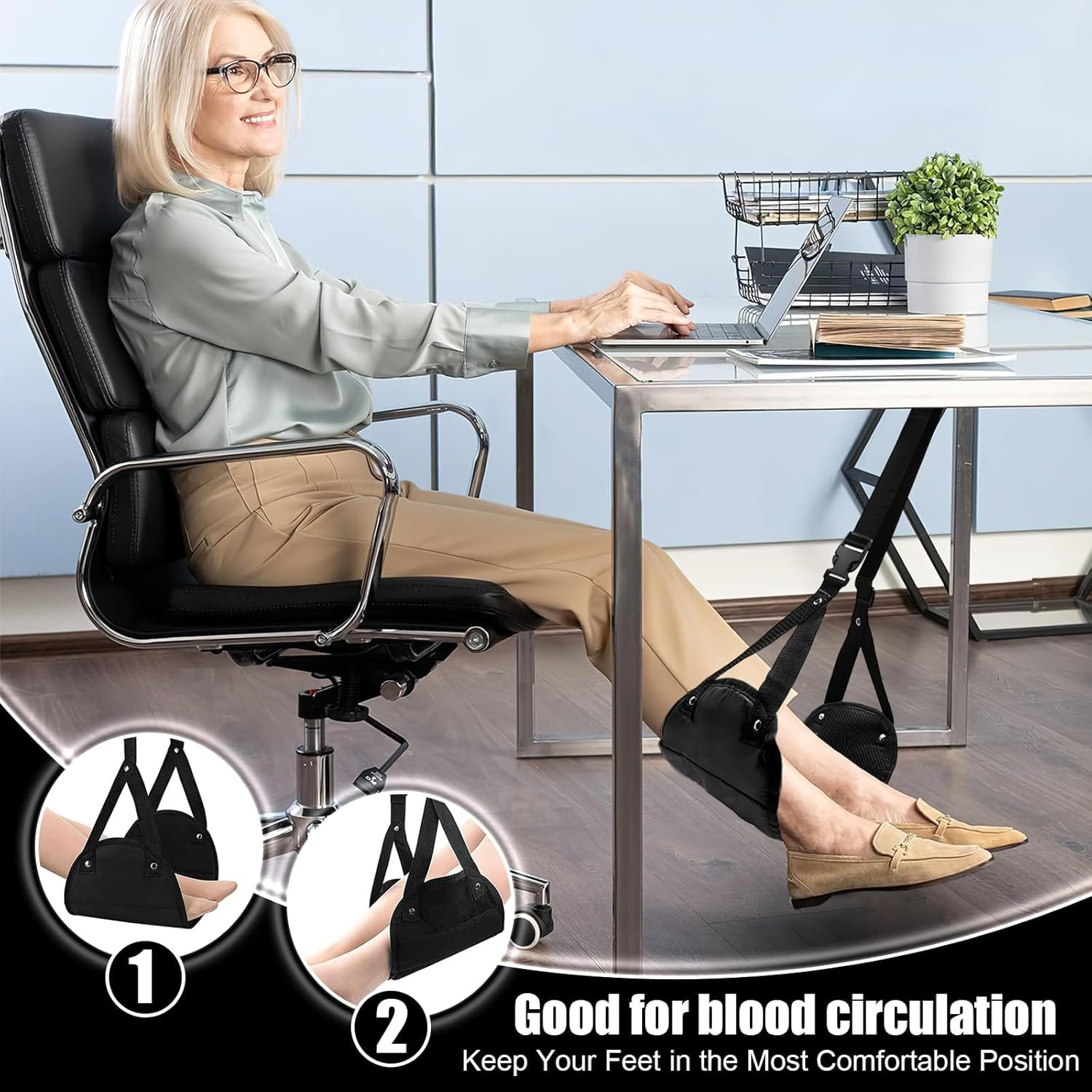 Airplane Footrest, Portable Travel Foot Hammock, Adjustable Height Airplane Foot Rest Hammock for Travel, Home, Office (Black) image number 3