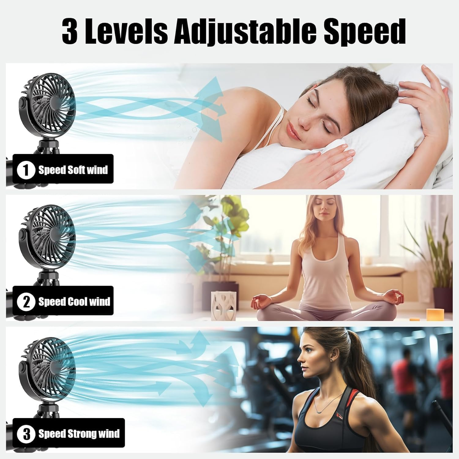 Portable Stroller Fan, 3 Speed 360&deg;Rotate Mini Portable Fan, Rechargeable Battery Powered Fan, Handheld Fan with Flexible Tripod, Mini Personal Fan for Car Seat Crib Treadmill Travel image number 2