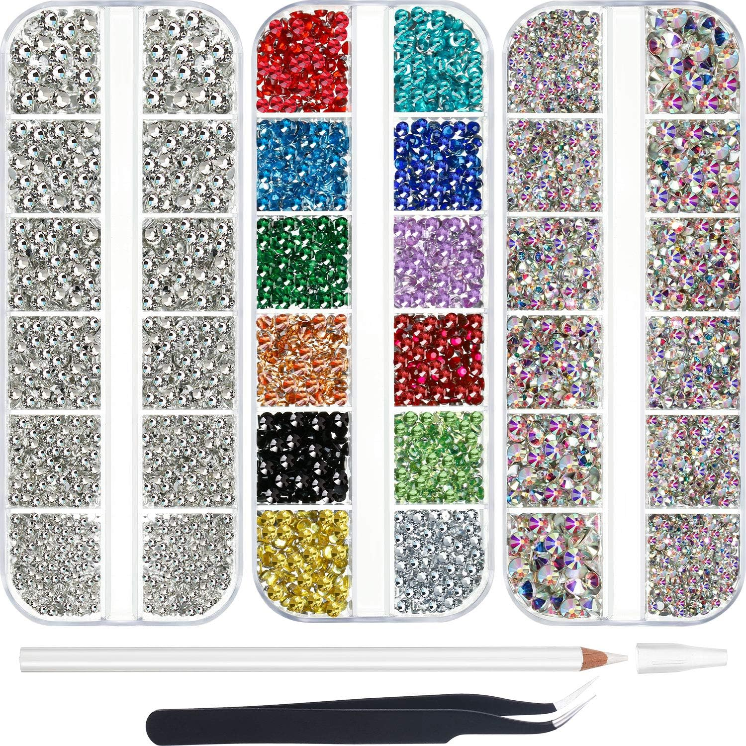 9000 Pieces Hotfix Rhinestone 3 Sizes 12 Colors Flatback round Glass Gemstone Crystal Iron on Rhinestones Glass Stones with Tweezers and 1 Picking Pen for DIY Manicure, Face Art Clothes Bags