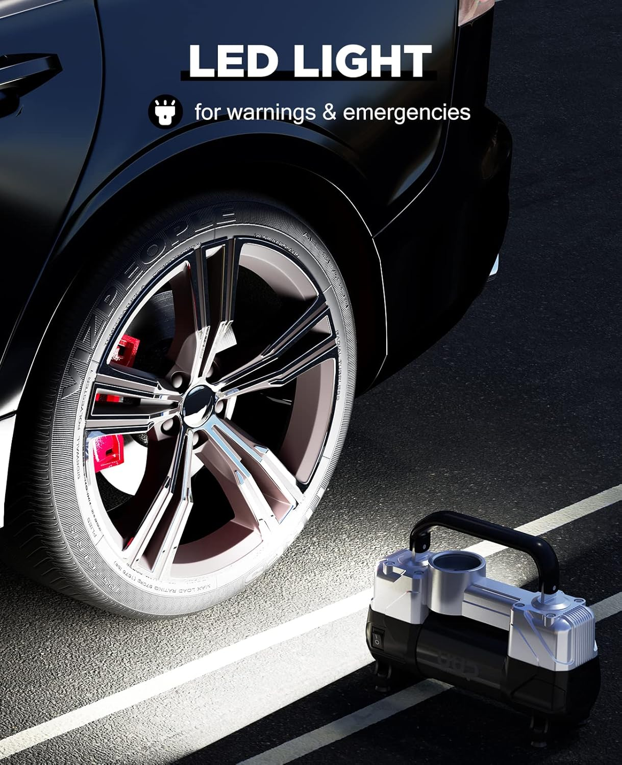 Tire Inflator Air Compressor, 150PSI 12V DC Double Cylinders Heavy Duty Portable Air Pump W/Emergency LED Light for Truck, SUV, Car, RV (Black1) - Black1 image number 6