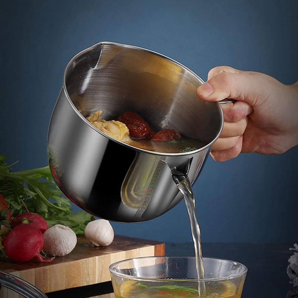 Aribrnten Stainless Steel Fat Separator 1L/4 Cup, Grease Separator with Strainer and Glass Lid, Soup Oil Separator Cup