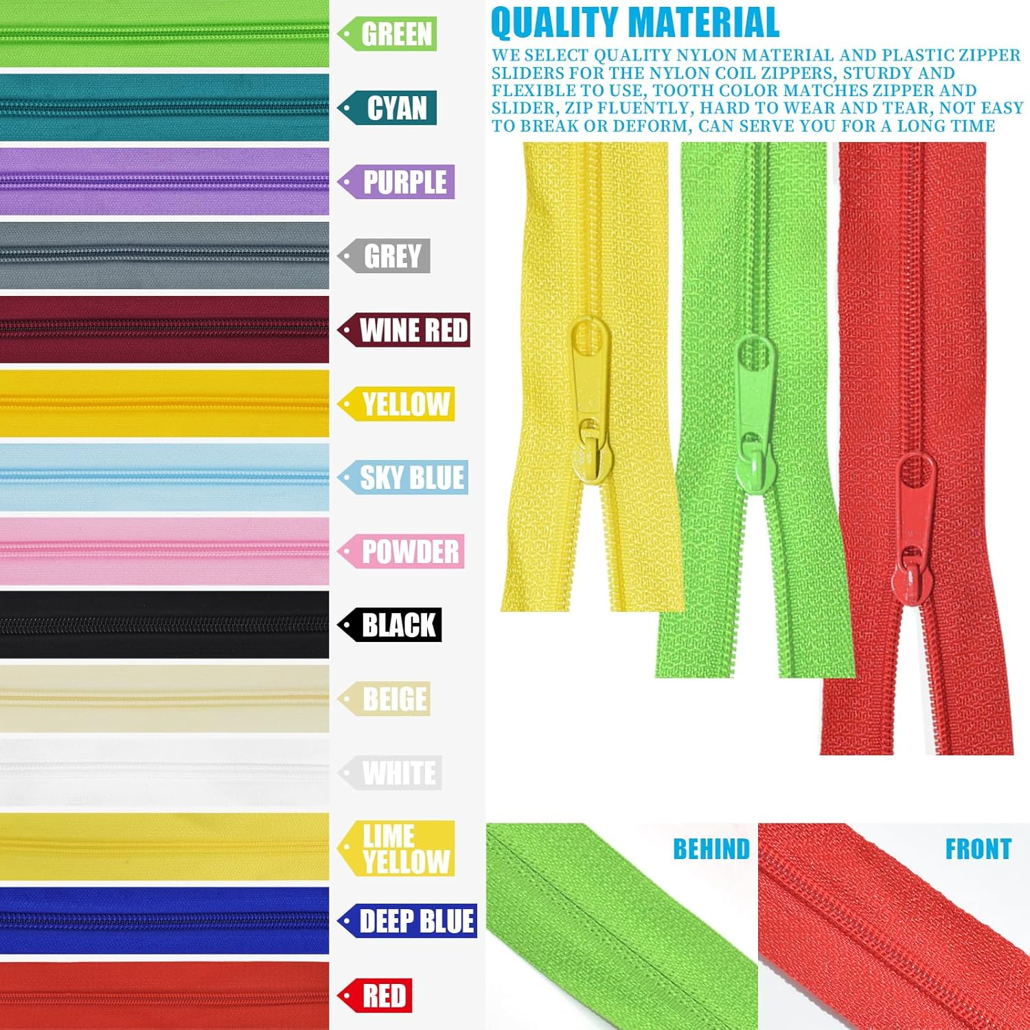 42 Yards 14Pcs Zippers by 5 Nylon Coil in Assorted Colors with 112 Zipper Sliders Pull Head for DIY Tailor Sewing Crafts Supplies, 14 Color image number 5