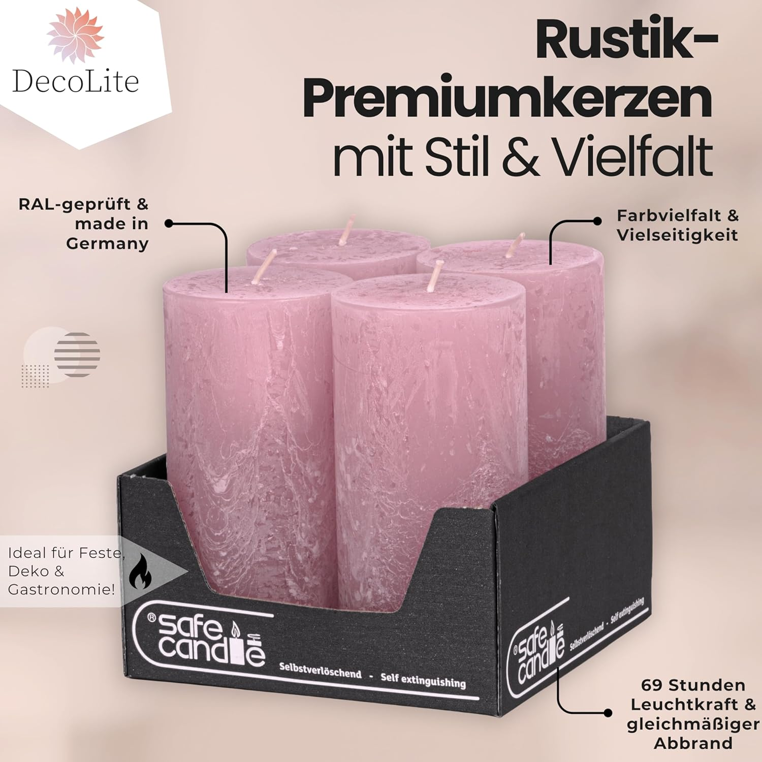 Rustic Pillar Candles, Set of 4, 140 X 70 Mm, Self-Extinguishing Safe Candle, Coloured RAL Certified, Burning Time Approx. 69 Hours, Made in Germany, Rustic Decorative Candles (Antique Pink) - Charcoal image number 3