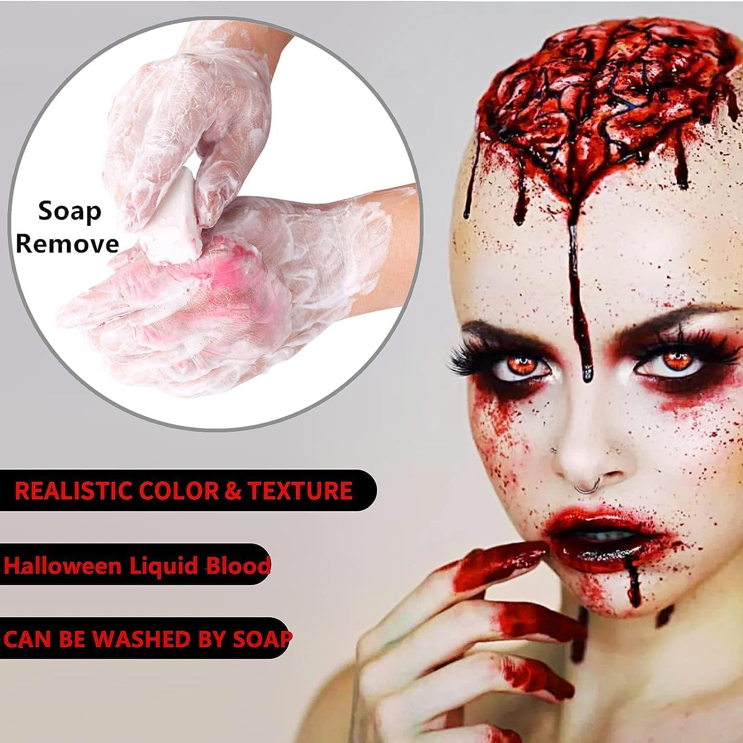 Fake Blood Spray, (60ML) Halloween Fake Blood with 15Mm Vampire Teeth, Vampire Blood Zombie Makeup Halloween SFX Makeup for Blood Splatter Costume,Zombie,Vampire and Monster Dress up Cosplay image number 1