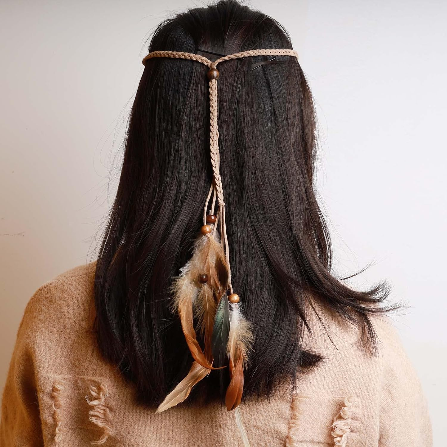 Tseenyi Gypsy Feather Headband Hairband Boho Feather Hairband Beads Feather Tassel Headband Jewellery for Women and Girls Christmas Stage Performance (Beige) image number 6