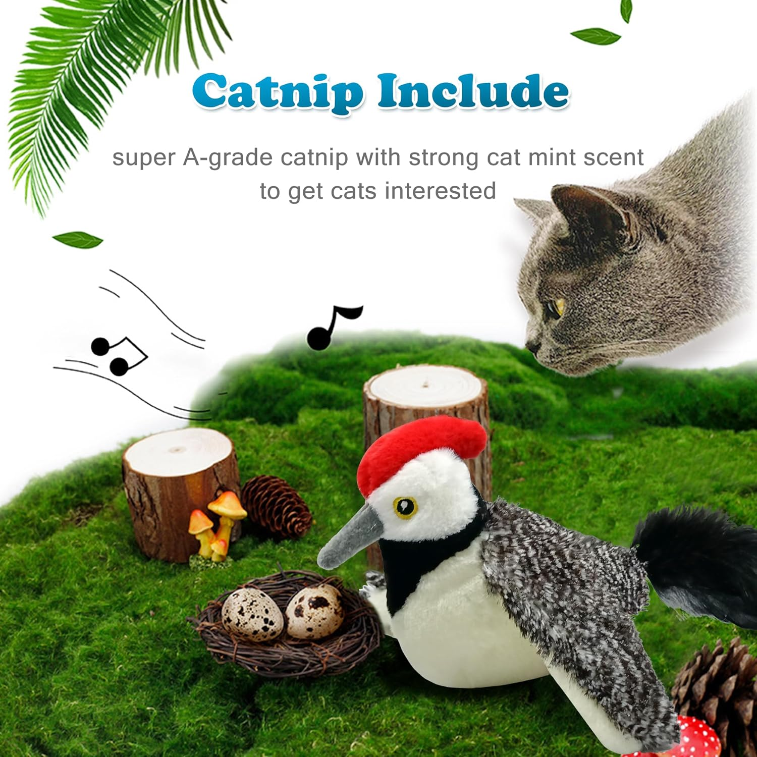 Lewiser Woodpecker Cat Toys, Rechargeable Simulation Bird Cat Toy, Flapping Wings and Lively Chirping, Interactive Catnip Toys for Kitten Kitty Exercise, Touch Activated image number 3