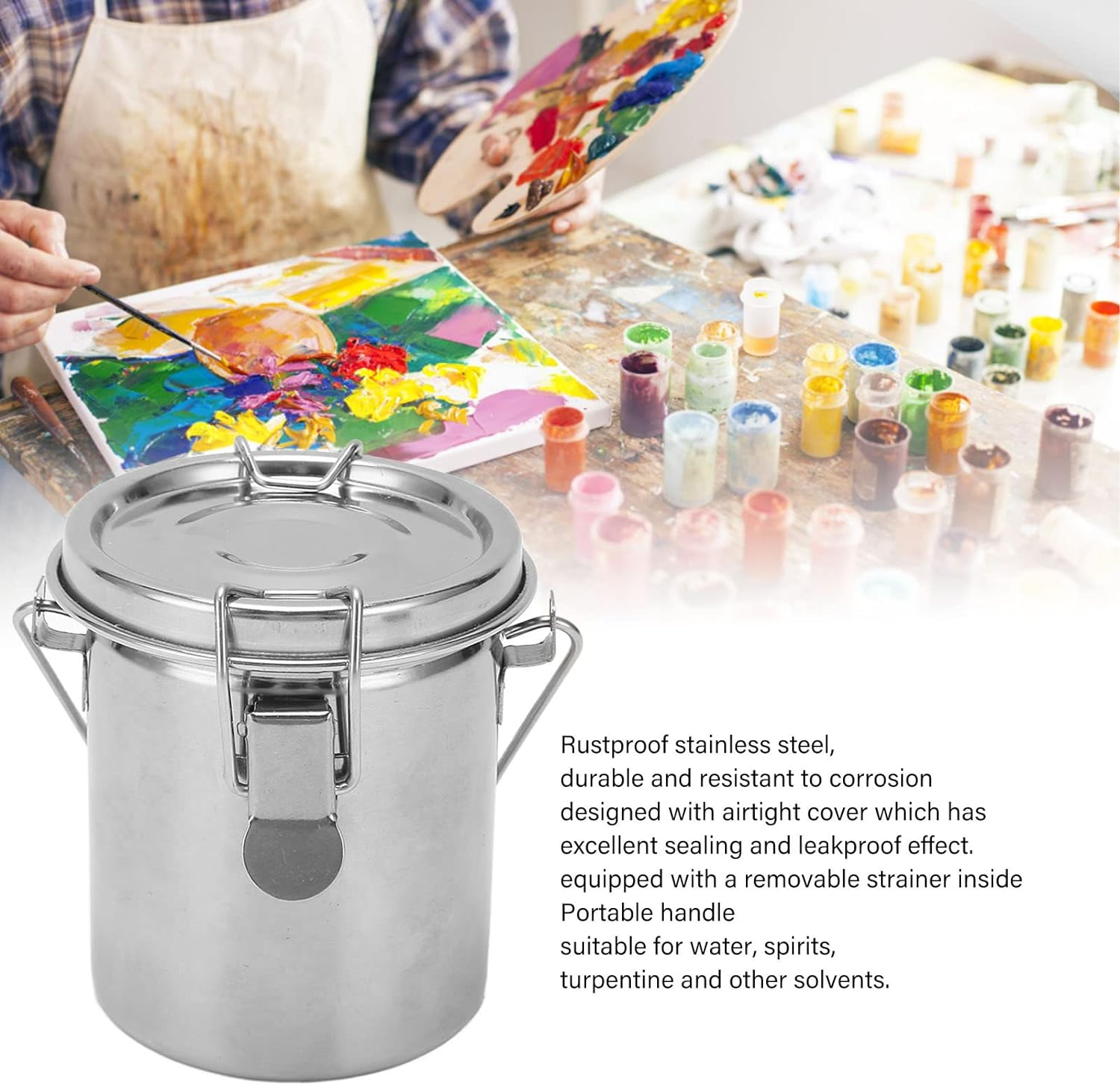 Paint Brush Washer, Stainless Steel Artist Oil Paint Brush Washer, with Lid and Filter Screen for Oil Painting, Airtight Brushs Cleaner for Painting image number 2