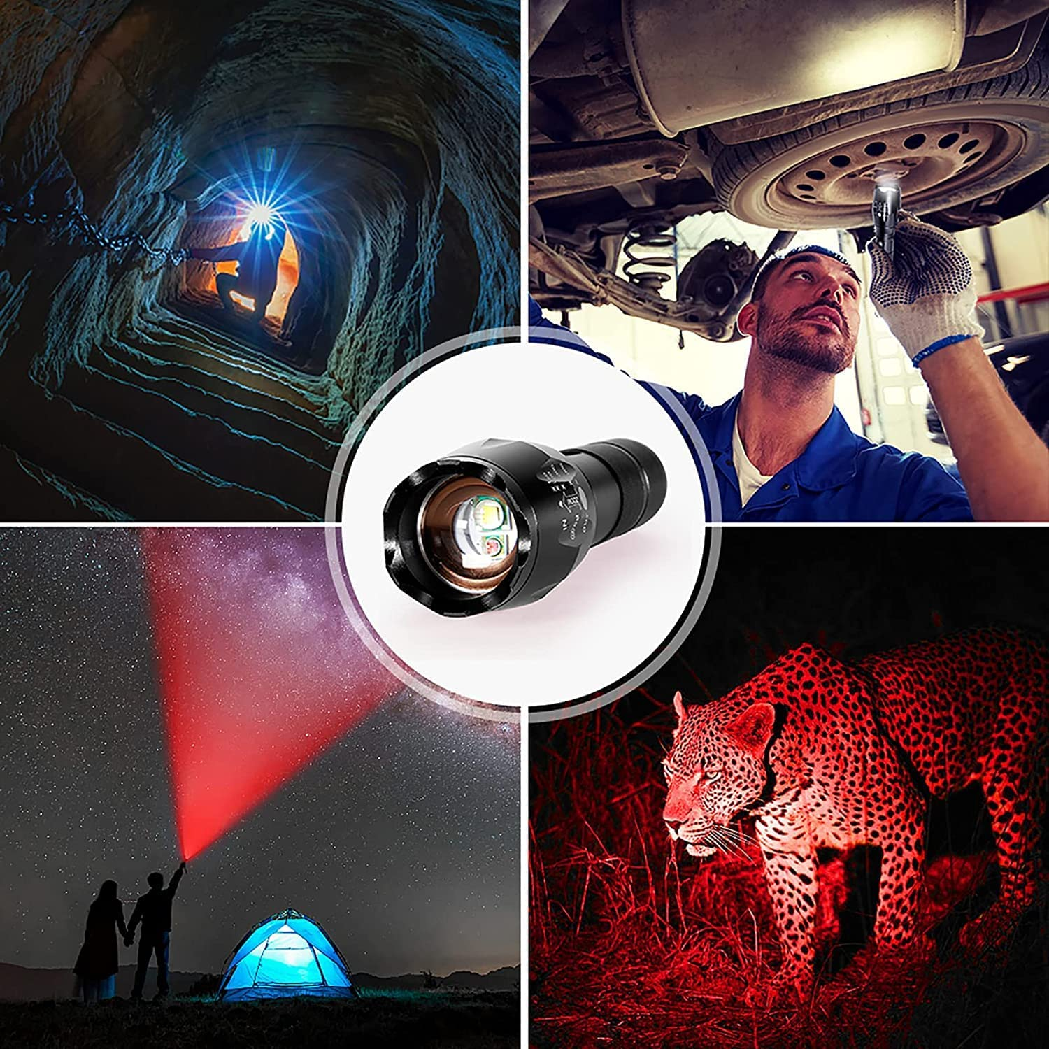 Red Green White Flashlight, 1000 Lumens Powerful LED Waterproof Adjustable Focus Tactical Torch for Fishing, Hiking, Camping, Caving, Outdoor Activities image number 2