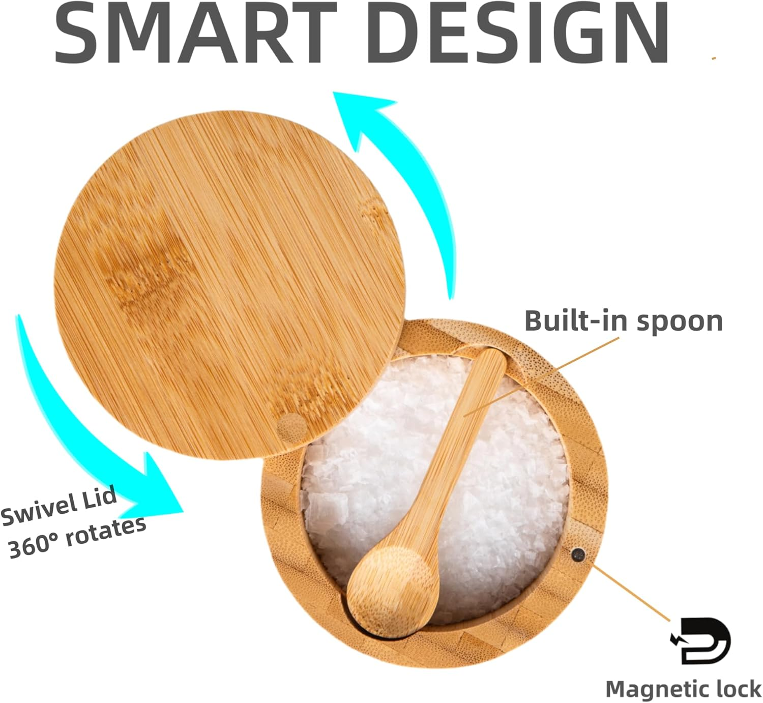 Bamboo Salt Cellar Bowl Box with Swivel Magnetic Lid to Avoid Dust, Elegant Kitchen Salt Container Holder with to Storage Pepper Spice Bath & Sea Salts, 6Oz（Built-In Spoon） image number 6