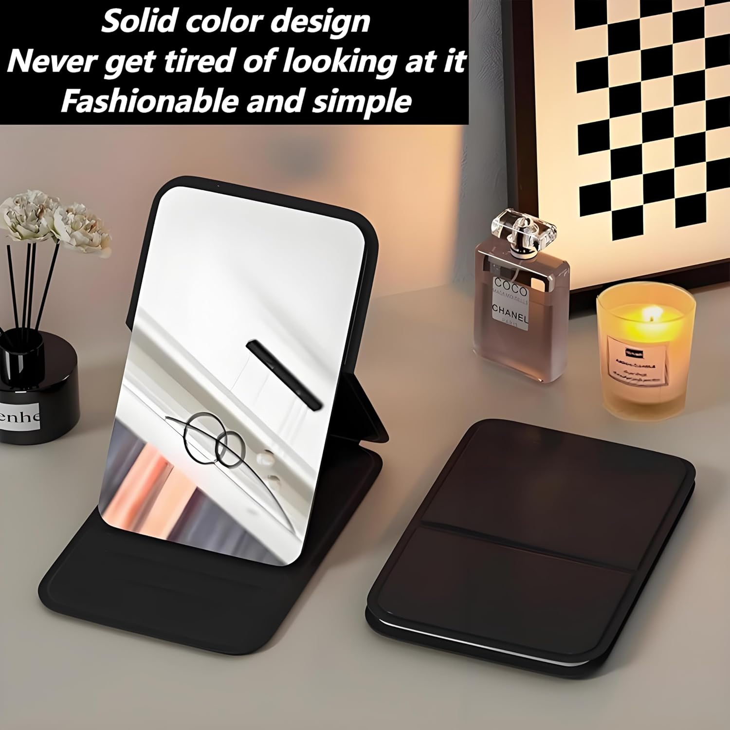 2 Pack Mini Portable Makeup Mirrors - Foldable Desktop Mirror with Leather Case, HD Anti-Distortion Glass for Students, Travel & Dorm (Black & Pink, 10Cm) image number 2