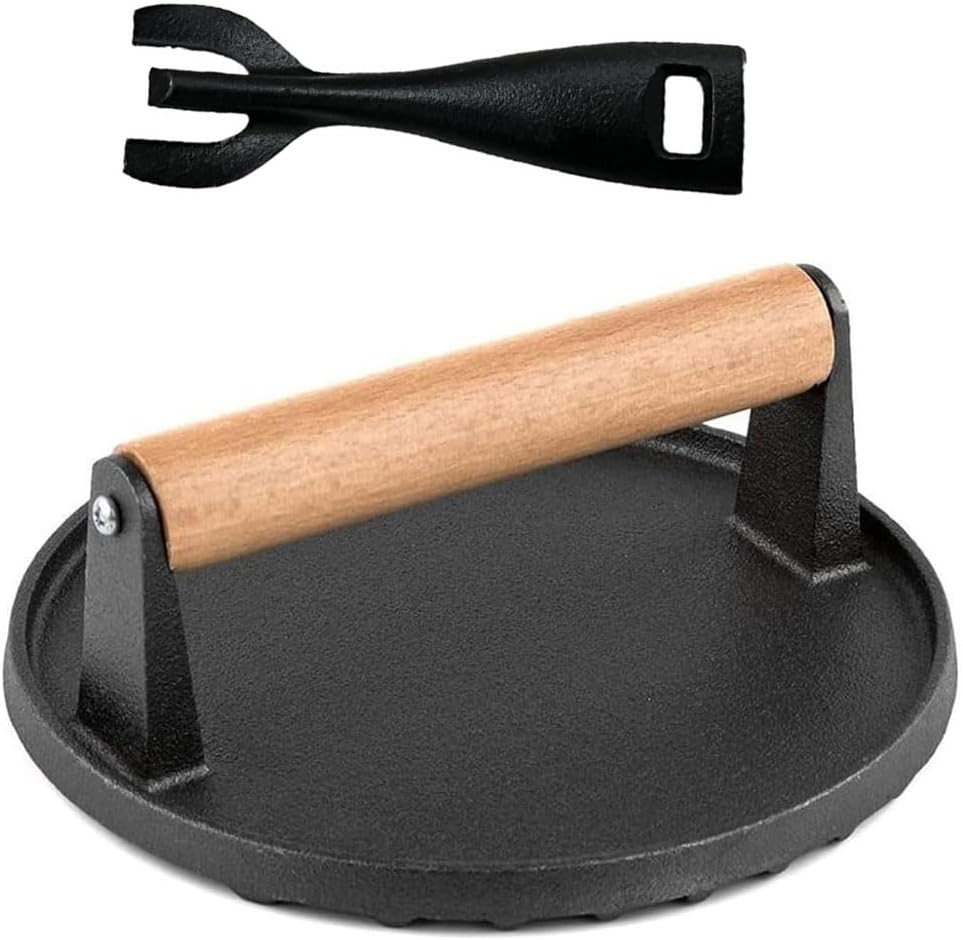 6.9 Inch Smashed Burger Press, 1.1KG Cast Iron Grill Press with Pan Clamp, Burger Smasher Griddle Heat Resistant Wooden Handle, Meat Press Griddle Press for Flat Top Grill Cooking Bacon Steak image number 6
