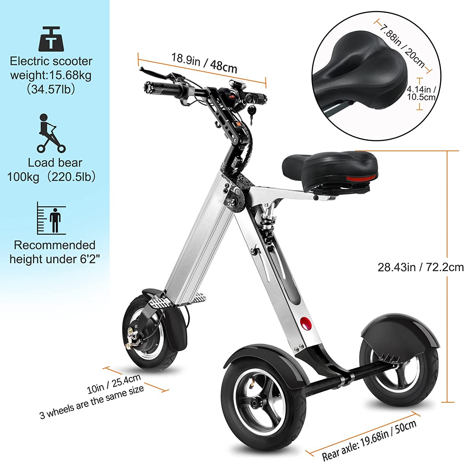 Topmate ES32 Electric Scooter 3 Wheels Foldable Trike with Seat for Adults, Light Weight Electric Scooter with Reverse Function and Key Switch, 10 Inch Pneumatic Tires Tricycle for Commute and Travel image number 5