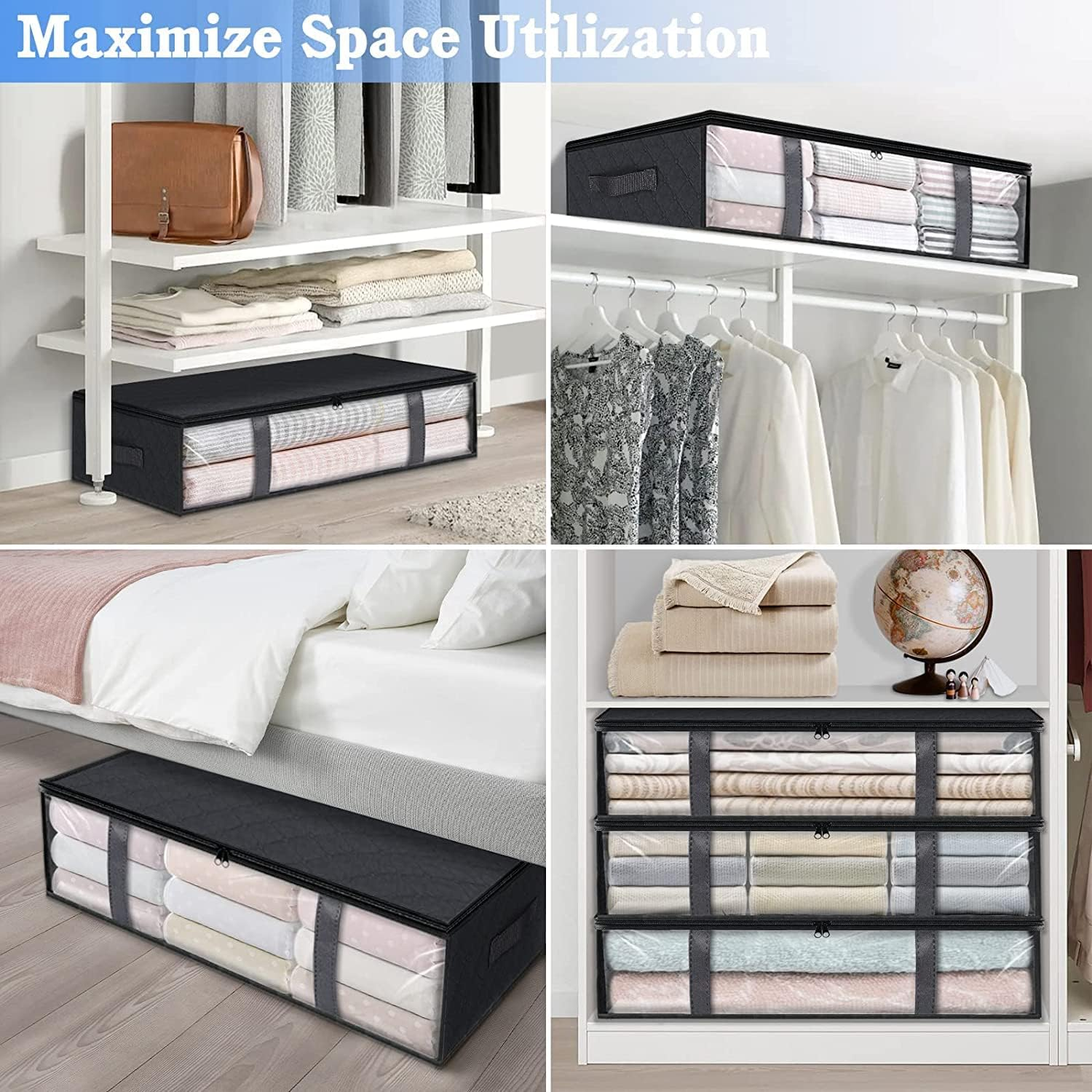 Under Bed Storage Containers, 4-Pack Large Capacity Underbed Storage Bags Organizer, Thick Fabric Storages Bins with Clear Window and Handles for Blanket, Comforter, Bedding, Clothes, Black